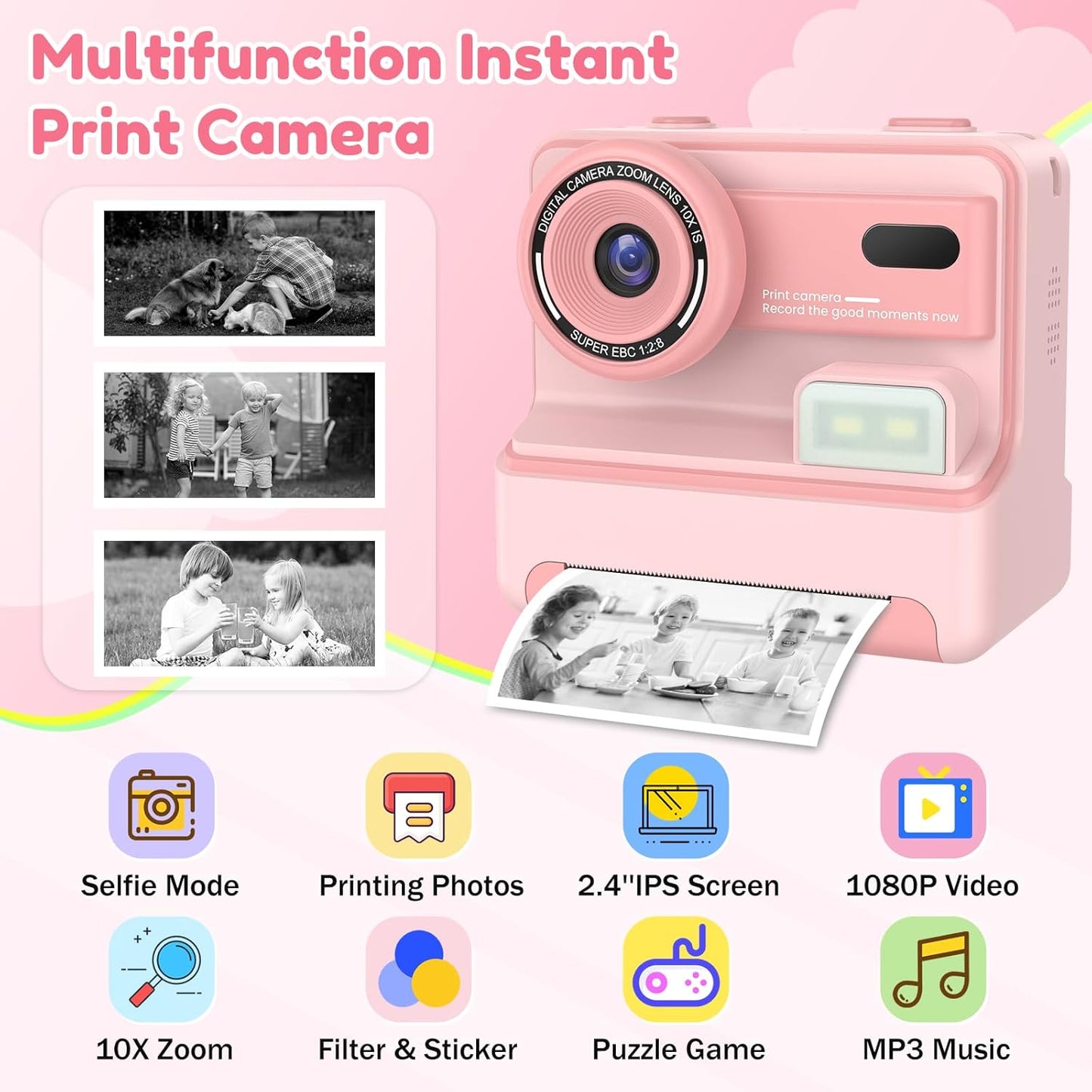 Kids Camera Instant Print, Dual-Lens Selfie Camera for Kids with 1080P Videos, 2.4 Inch Screen, 32GB SD Cards & 3 Rolls Print Paper, Christmas Birthday Gifts for Girls Age 3-12