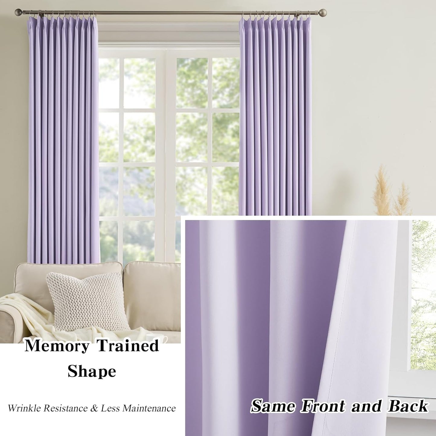 KEQIAOSUOCAI Pinch Pleated Lavender Blackout Curtains 63 Inches Long, Sound & Light Reducing Room Darkening Drape for Girl's Bedroom(Lavender, 2 Panels, W40 x L63)