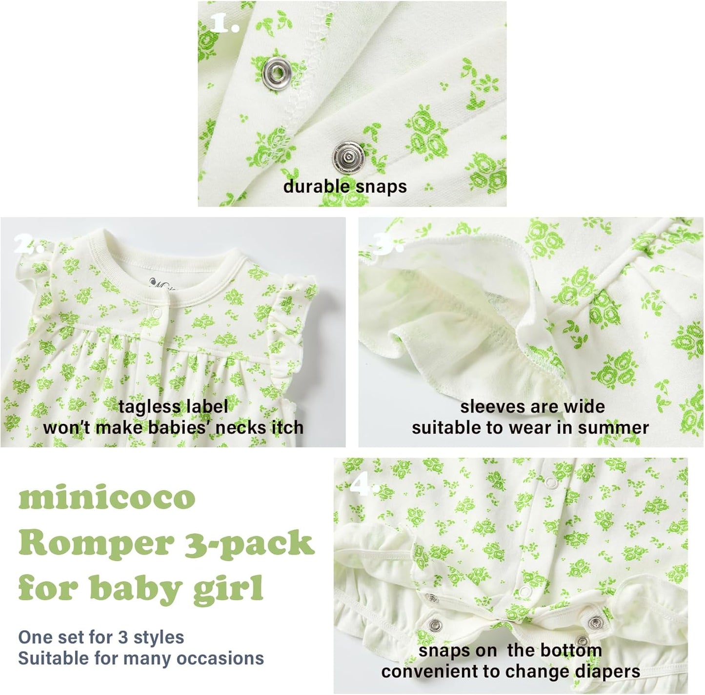 3-pack 100% Cotton Baby Girl Rompers, 0-24 months Ruffle Sleeve Toddler Romper Summer Clothes Set