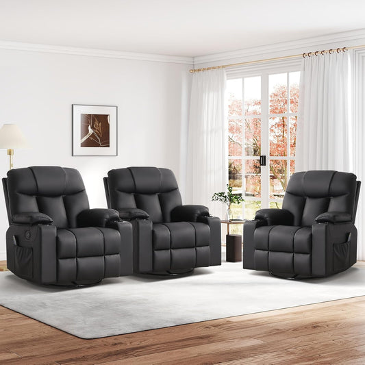 ANJ Swivel Rocker Recliner Chair Set of 3, Black PU Leather, Manual 3-Position Reclining with Massage & Heat, Cup Holders