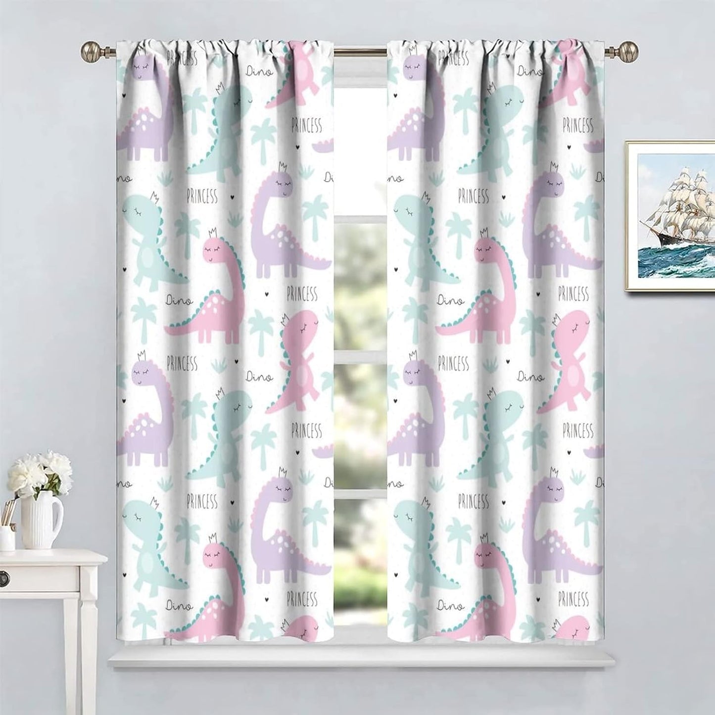 Kids Dinosaur Curtains for Boys Girls Bedroom Decor Cartoon Dino Colorful Cute Funny Animal Wildlife Printed Blackout Rod Pocket Window Drapes for Baby Nursery Playroom W36xL63in 2 Panels