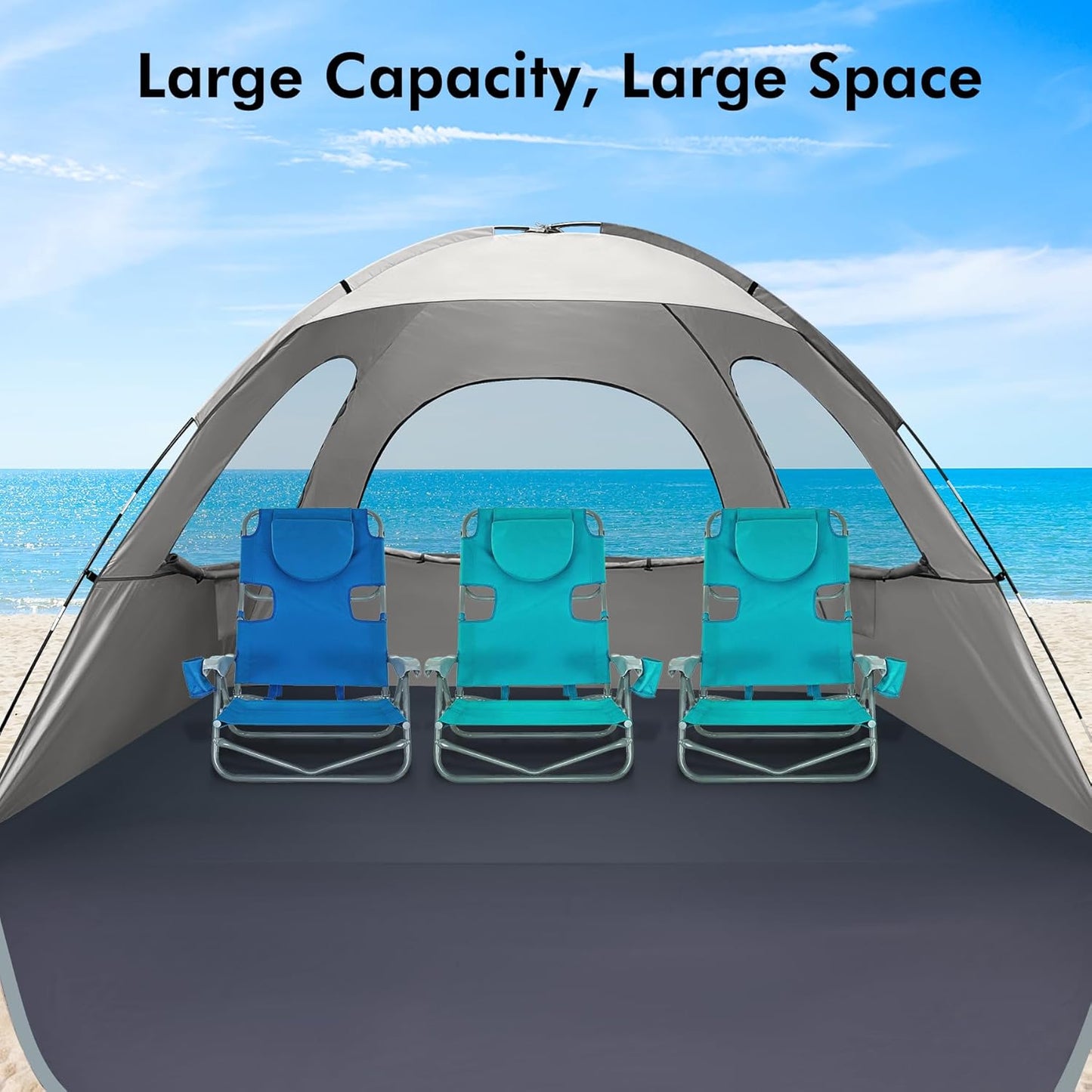 WhiteFang Beach Tent Anti-UV Portable Sun Shade Shelter for 3/4/6/8 Person, Extendable Floor with 3 Ventilating Mesh Windows Plus Carrying Bag, Stakes and Guy Lines