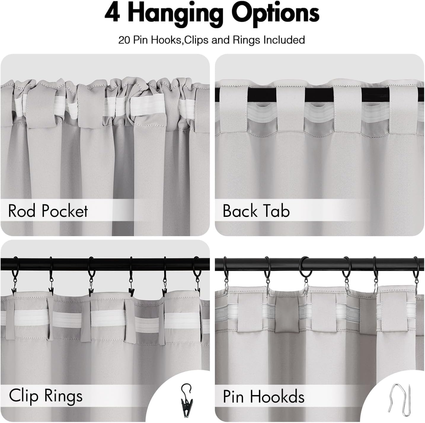 ANRODUO Back Tab Blackout Curtains for Bedroom Living Room, Rod Pocket Pinch Pleated Thermal Insulated Room Darkening Curtains 96 Inches Long 2 Panels, Greyish White, 42 x 96 Inch