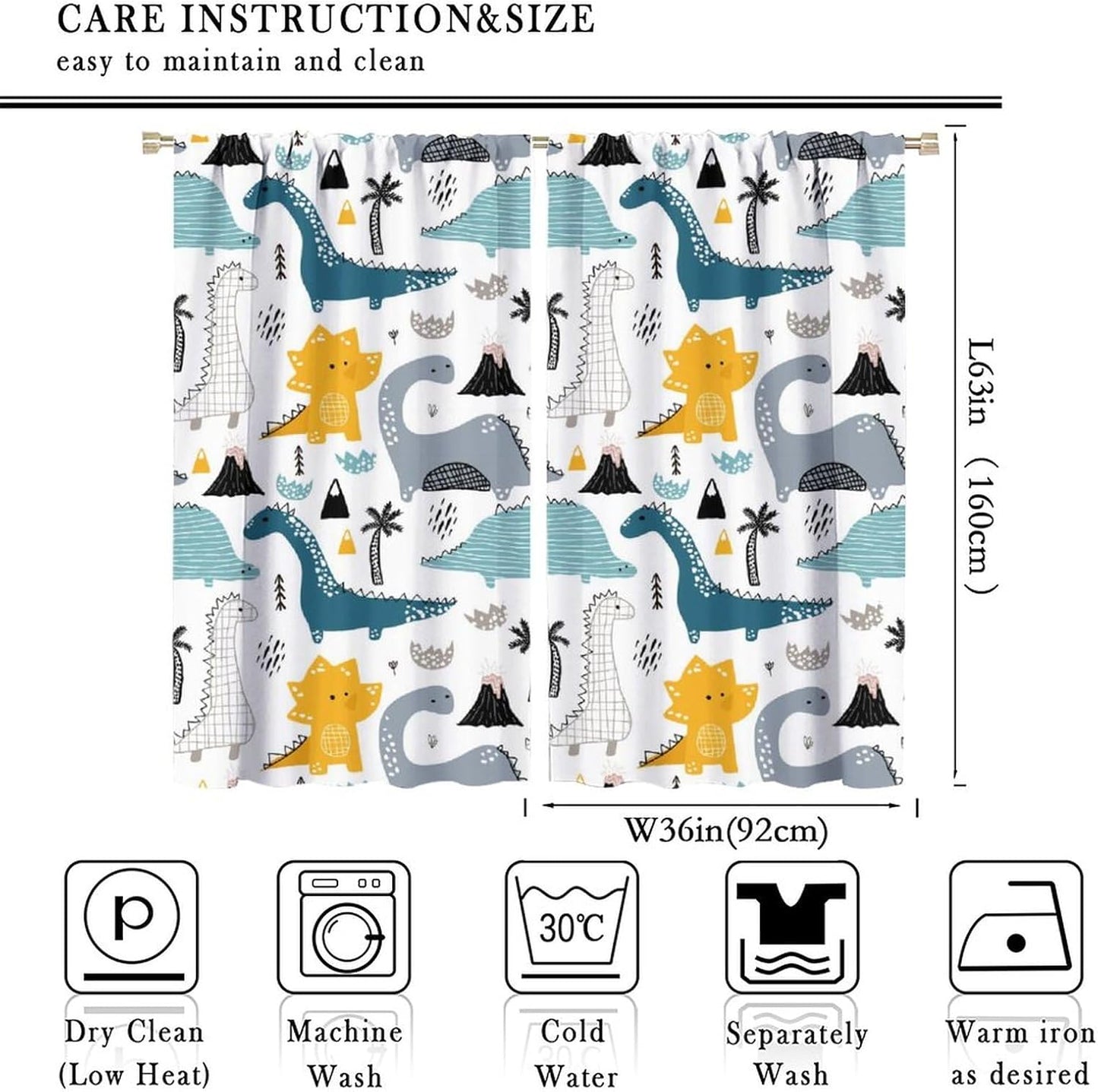 Kids Dinosaur Curtains for Boys Girls Bedroom Decor Cartoon Dino Colorful Cute Funny Wildlife Animal Printed Blackout Rod Pocket Window Drapes for Baby Nursery Playroom Living Room W36xL63in 2 Panels