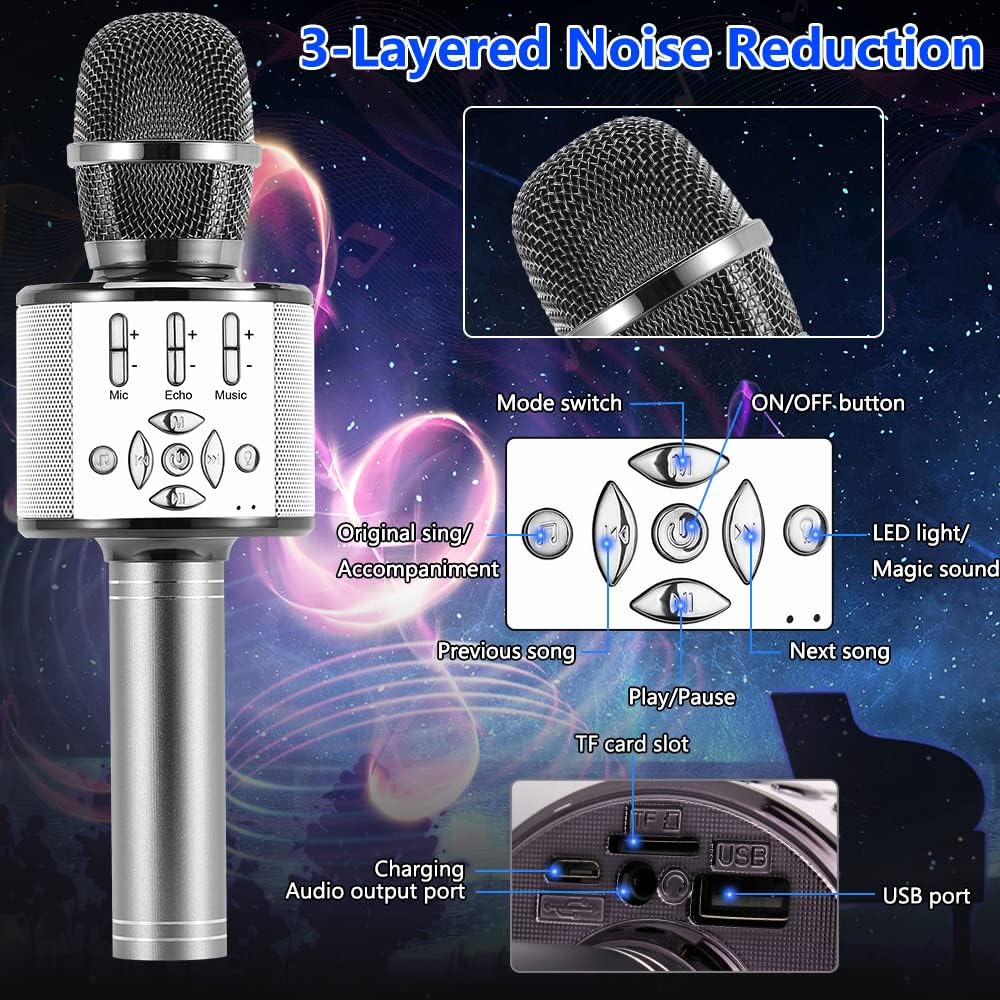 Amazmic Kids Karaoke Microphone Machine Toy Bluetooth Microphone Portable Wireless Karaoke Machine Handheld with LED Lights, Gift for Children Adults Birthday Party, Home KTV(Gray)