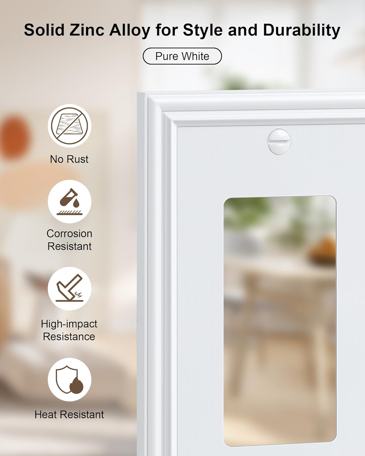 6-Pack Decorator Outlet Cover Plate, White Decorative Switch Plates and Outlet Covers, Durable Zinc Alloy Wall Plates for Electrical Outlets, Receptacle, GFCI Outlet, Dimmer Switch