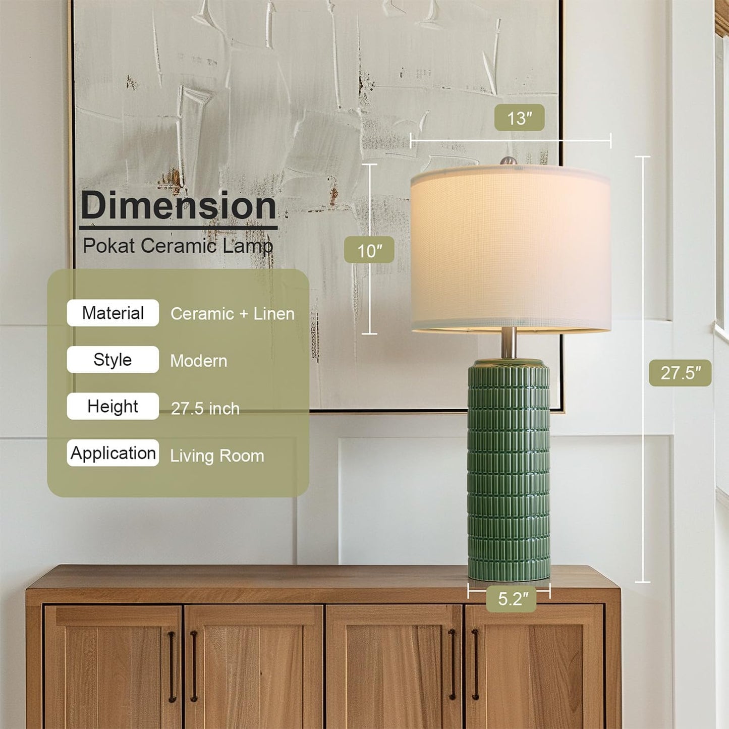 PoKat 27.5" Dark Green Ceramic Table Lamps for Living Room, Farmhouse Table Lamps Set of 2 for Bedroom Night Stands, Modern Bedside Lamps for End Side Table, Vintage Nightstand Decor Lamps Home Office