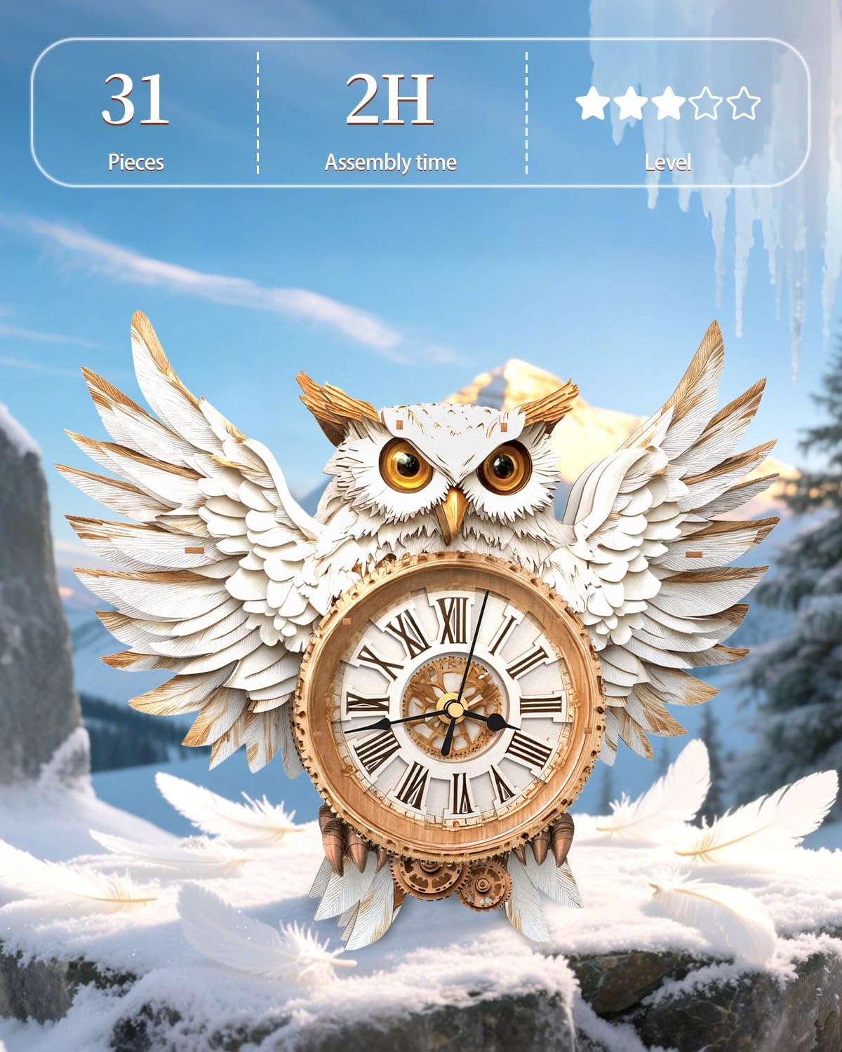 3D Wooden Puzzles for Adults,Snowy Owl DIY Clock Kit with Pendulum - Creative Gift Idea,Beginner 31 Pieces 3D Puzzles for Teens & Adults Home Decor