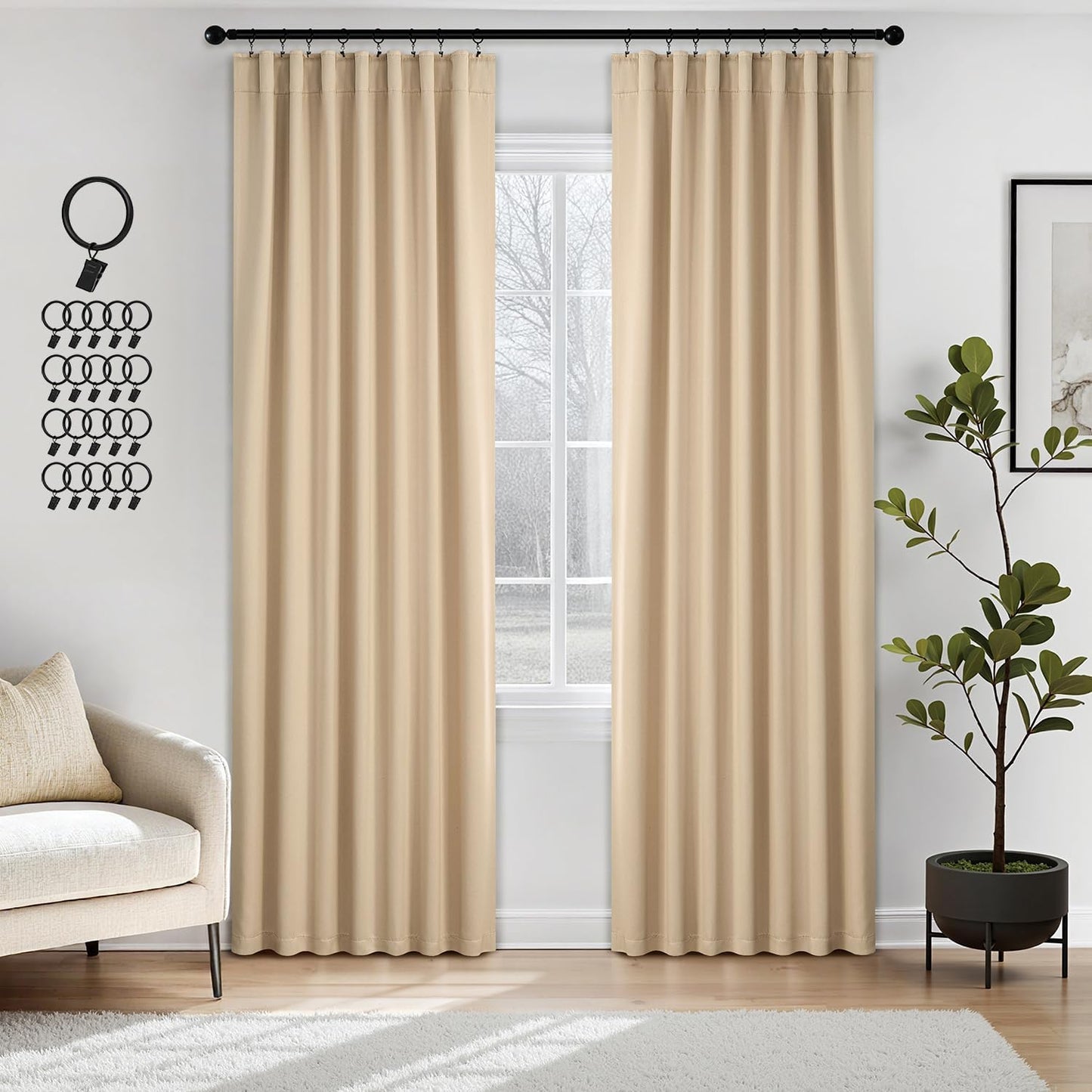 ANRODUO Back Tab Blackout Curtains for Bedroom Living Room, Rod Pocket Pinch Pleated Thermal Insulated Room Darkening Curtains 90 Inches Long 2 Panels, Beige, 42 x 90 Inch