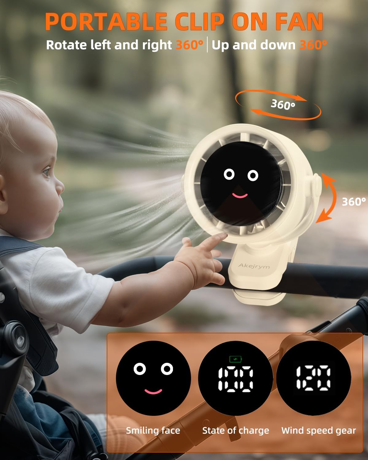 Clip on Fan for Bed, Portable Fan for Travel, Small Powerful 5 Speed Quiet 360° Rotate, Air Turbo Tech & Digital display, For Home Office Stroller Camping (Rice White)