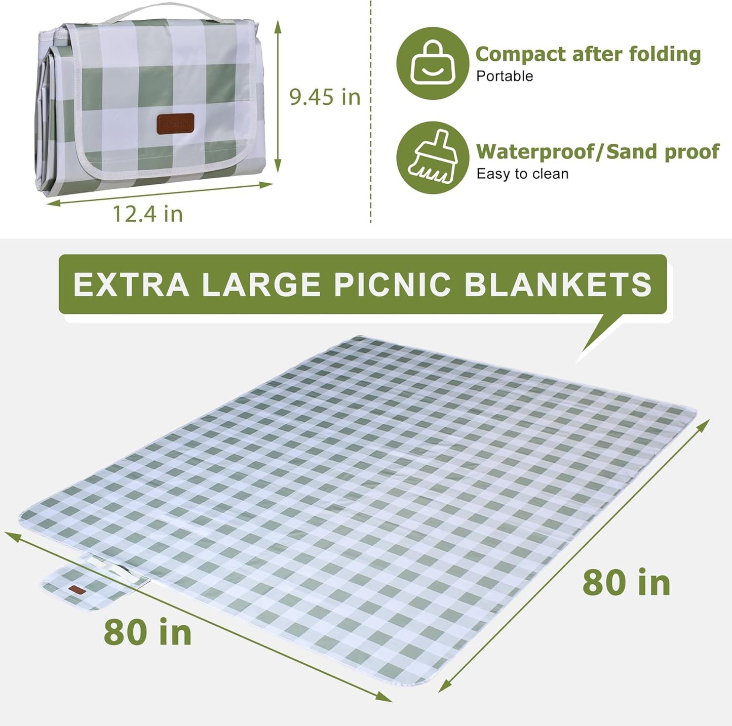 80"x80" Extra Large Waterproof Outdoor Mat - Sandproof Foldable Picnic Blanket for Family Camping, Backyard, Beach Parties - Heavy Duty & Easy Storage (Green&White)