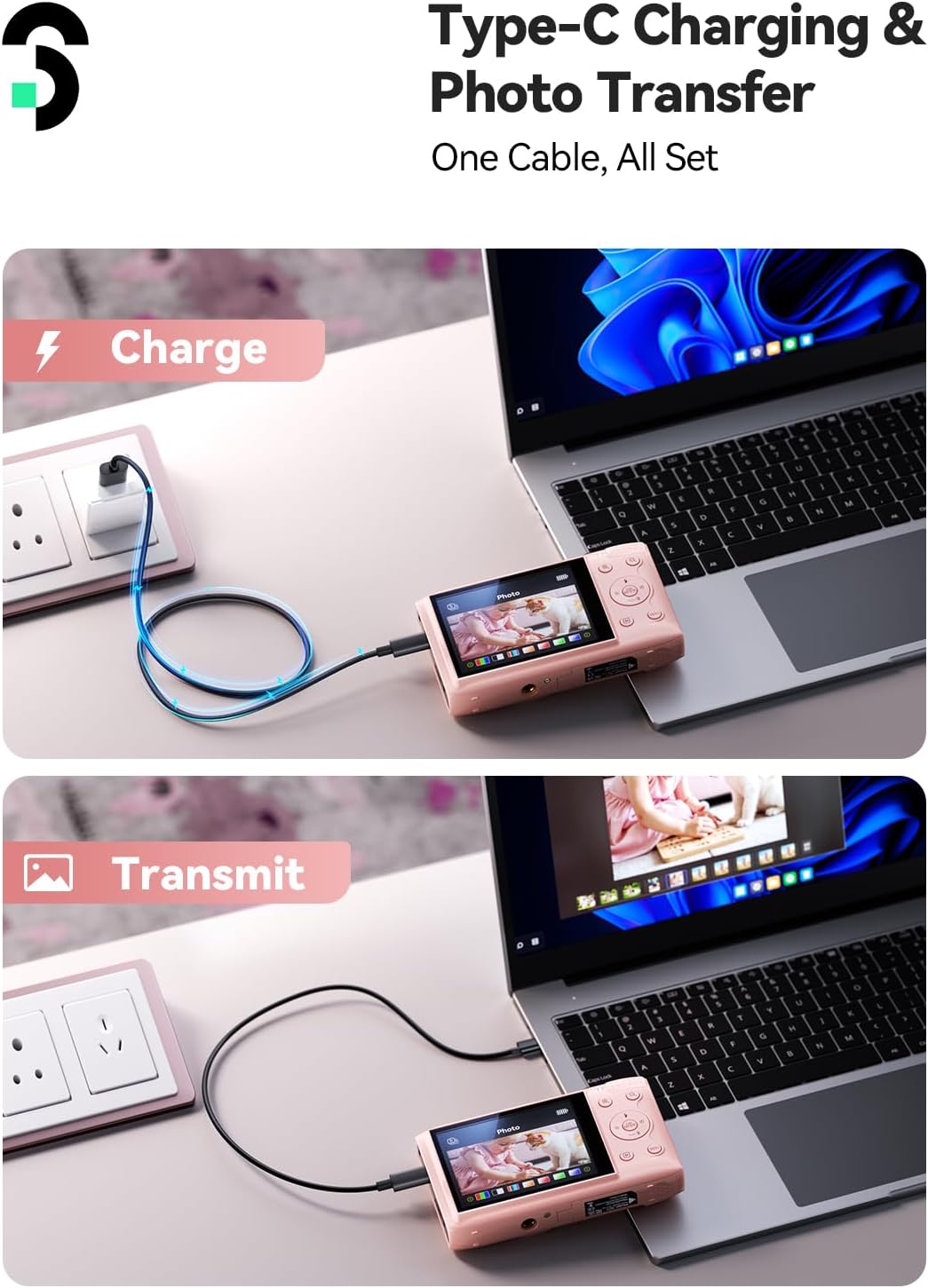 SOOMFON Digital Camera - Max 72MP Point and Shoot Kids Cameras with 16X Zoom, 32G TF Card, 2 Batteries and Card Reader, Compact Pink Digital Camera for Kids Teens Beginners