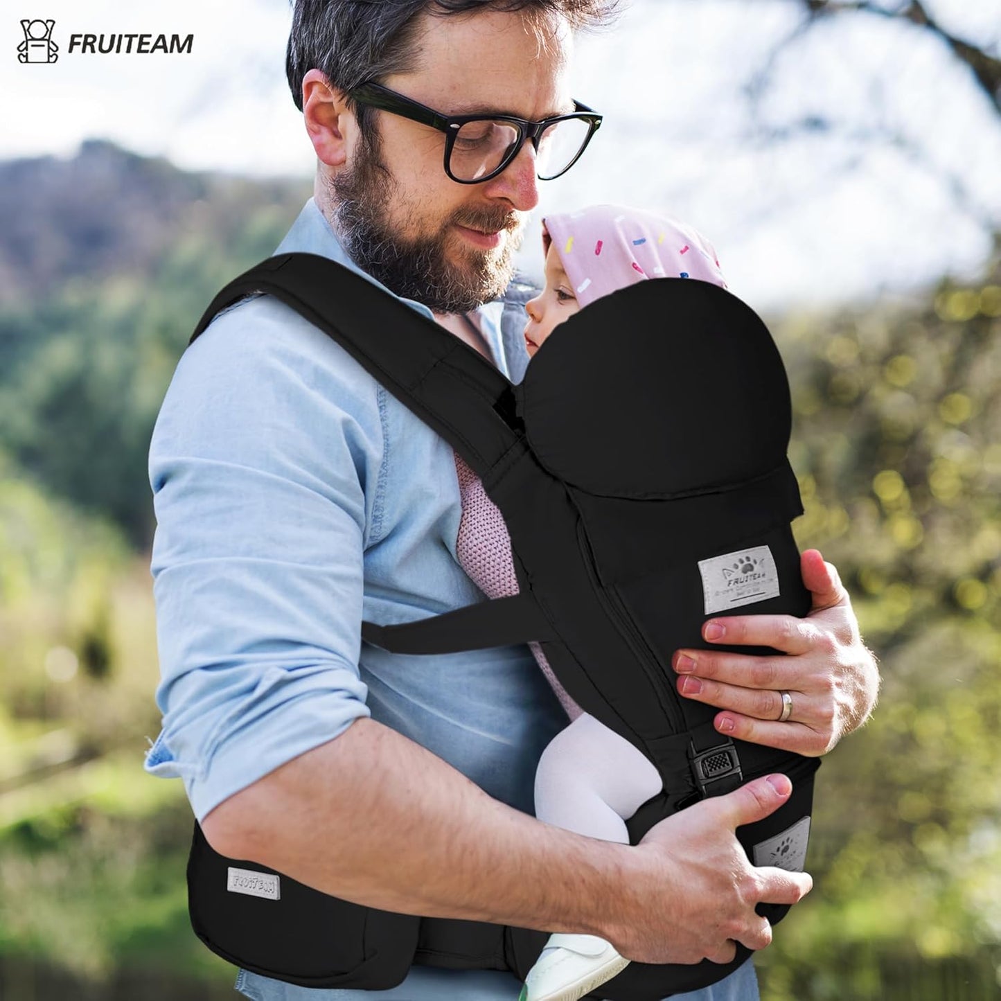 FRUITEAM Baby Carrier Newborn to Toddler, Safety-Certified Waist Stool with Hip Seat, Ergonomic 6-in-1 Baby Carrier with Head Support, Adjustable & Removable Baby Holder for All Seasons, Black