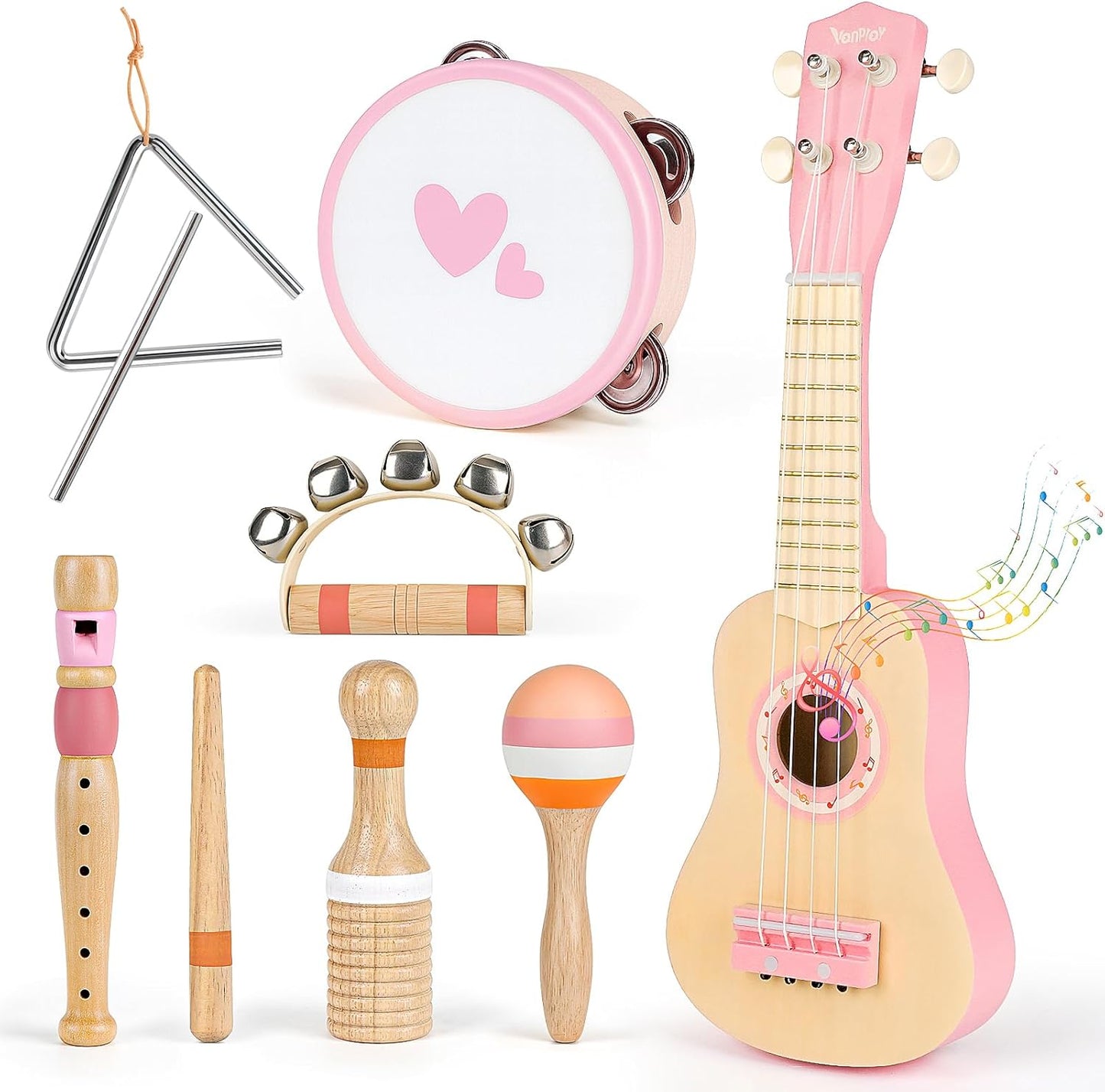 Kids Guitar Set for Girls - Toys for 2 3 4 Year Old Girl Birthday Gifts - 7 in 1 Wooden Montessori Musical Instruments with Ukulele/Tambourine/Maracas/Flute for Toddler 2-5(Pink)