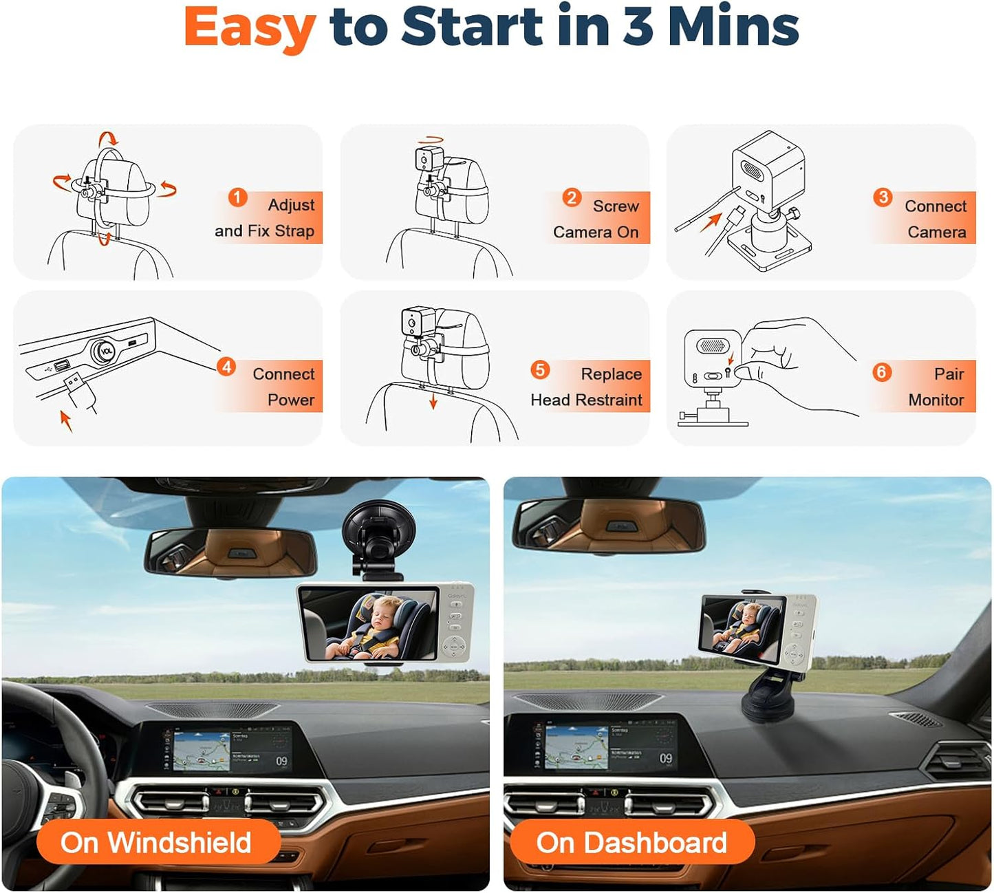 Wireless Baby Car Camera Monitor 5" HD 1080P IPS, 360° Rotating Camera with Auto/Manual Night Vision, 1000ft Range, Anti-Glare Display & USB Charging for Backseat, Home, Travel，Camping