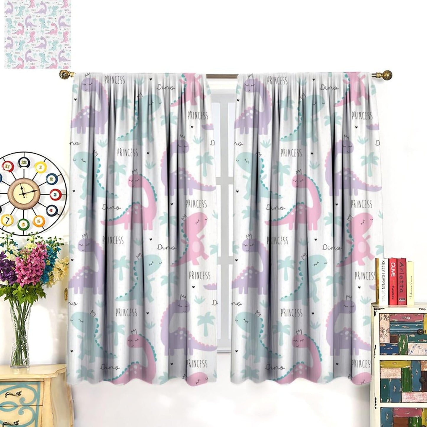 Kids Dinosaur Curtains for Boys Girls Bedroom Decor Cartoon Dino Colorful Cute Funny Animal Wildlife Printed Blackout Rod Pocket Window Drapes for Baby Nursery Playroom W26xL84in 2 Panels