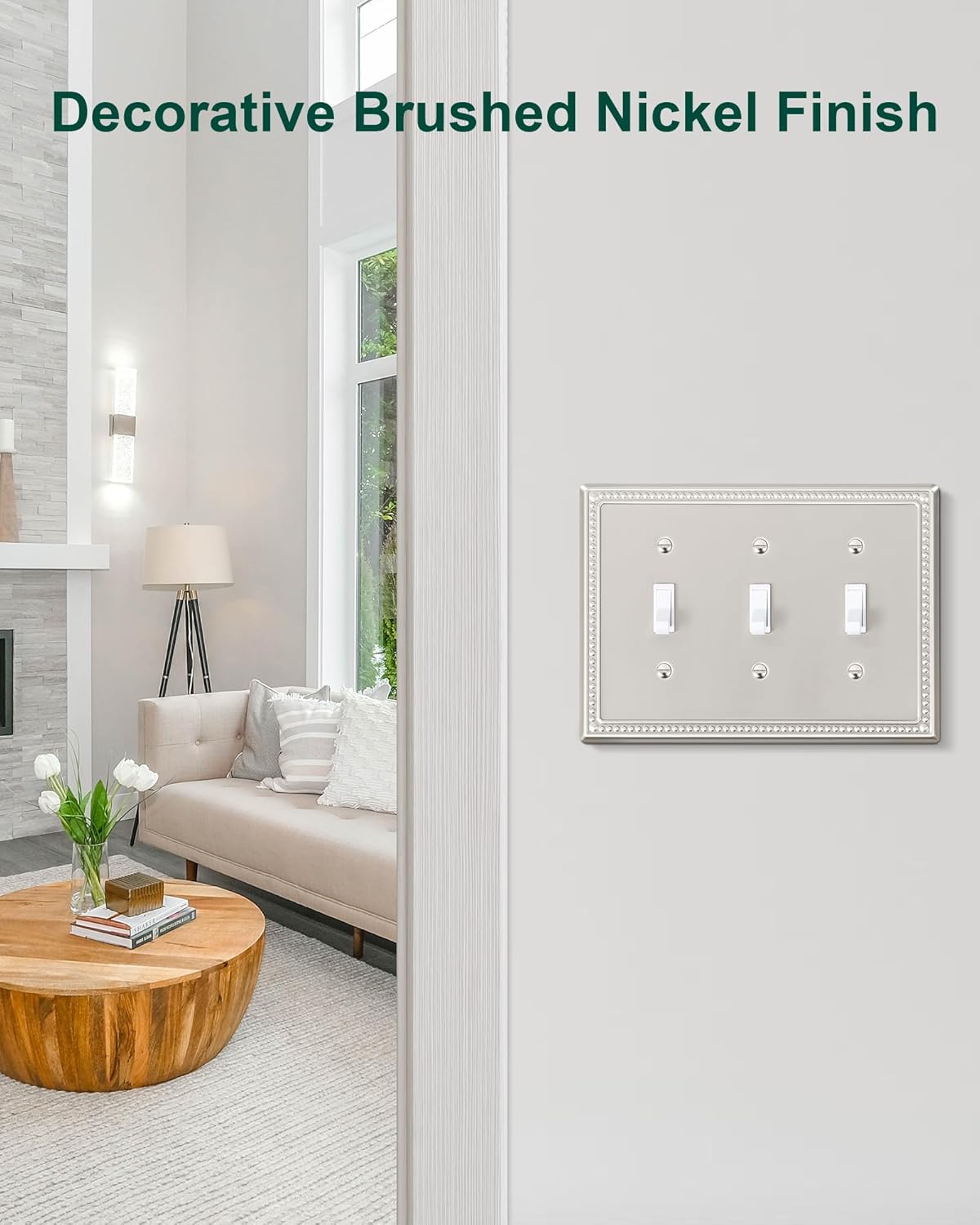 2-Pack Triple Toggle Light Switch Cover Plate, Pearls Decorative Switch Plate Covers, Brushed Nickel 3 Gang Metal Wall Plate