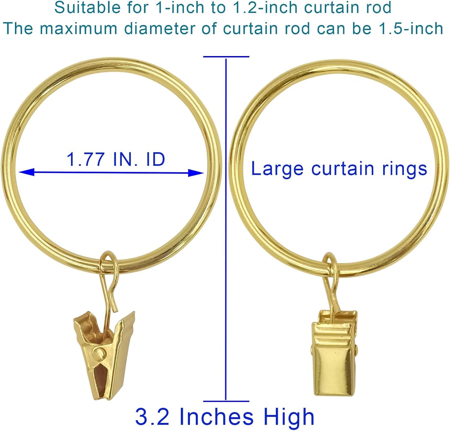 40 Pack Gold Curtain Rings with Clips, Curtain Hooks Hangers Clip Rings for Hanging Drapes Bows Hat, Drapery Rings 1.77 in I D, Fits up to 1.5 in Diameter Curtain Rod.