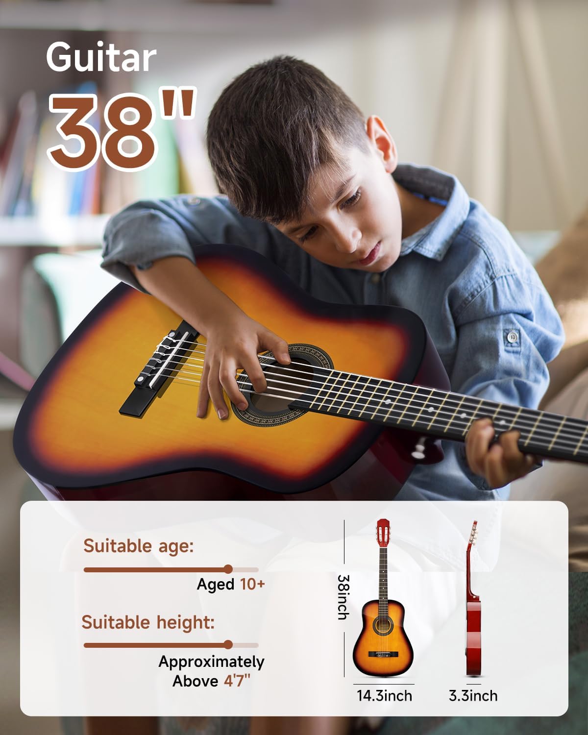 Moukey 38" Acoustic Guitar for Beginners Kids Youth Adult Dreadnought Guitarra Acustica Kit with Chord Poster, Gig Bag, Tuner, Picks, Nylon Strings, Capo, Strap - Sunburst