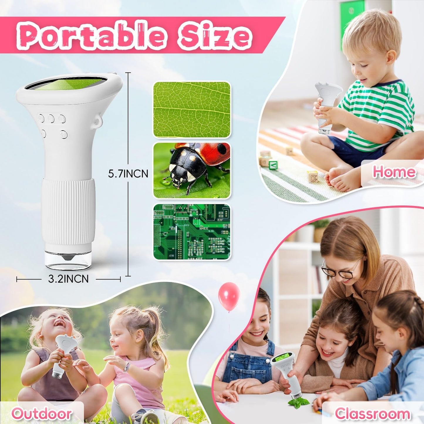 Kids Microscope, Ahalfcit 2 Inch Screen 1000X Zoom Portable Camera Microscope - Science Educational Toys Gift for 3-12 Years Old Boys Girls -White