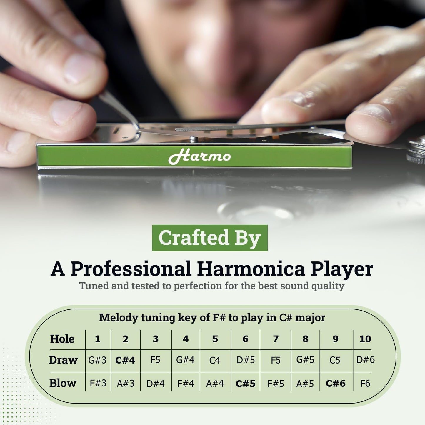 Polar Diatonic Melody Tuned Harmo Harmonica Key of LF# - Special Tuning for Easy Melodies in Cross Harp, 2 Octaves Without Bends, Loud & Responsive with Smooth Edges - USA-Checked