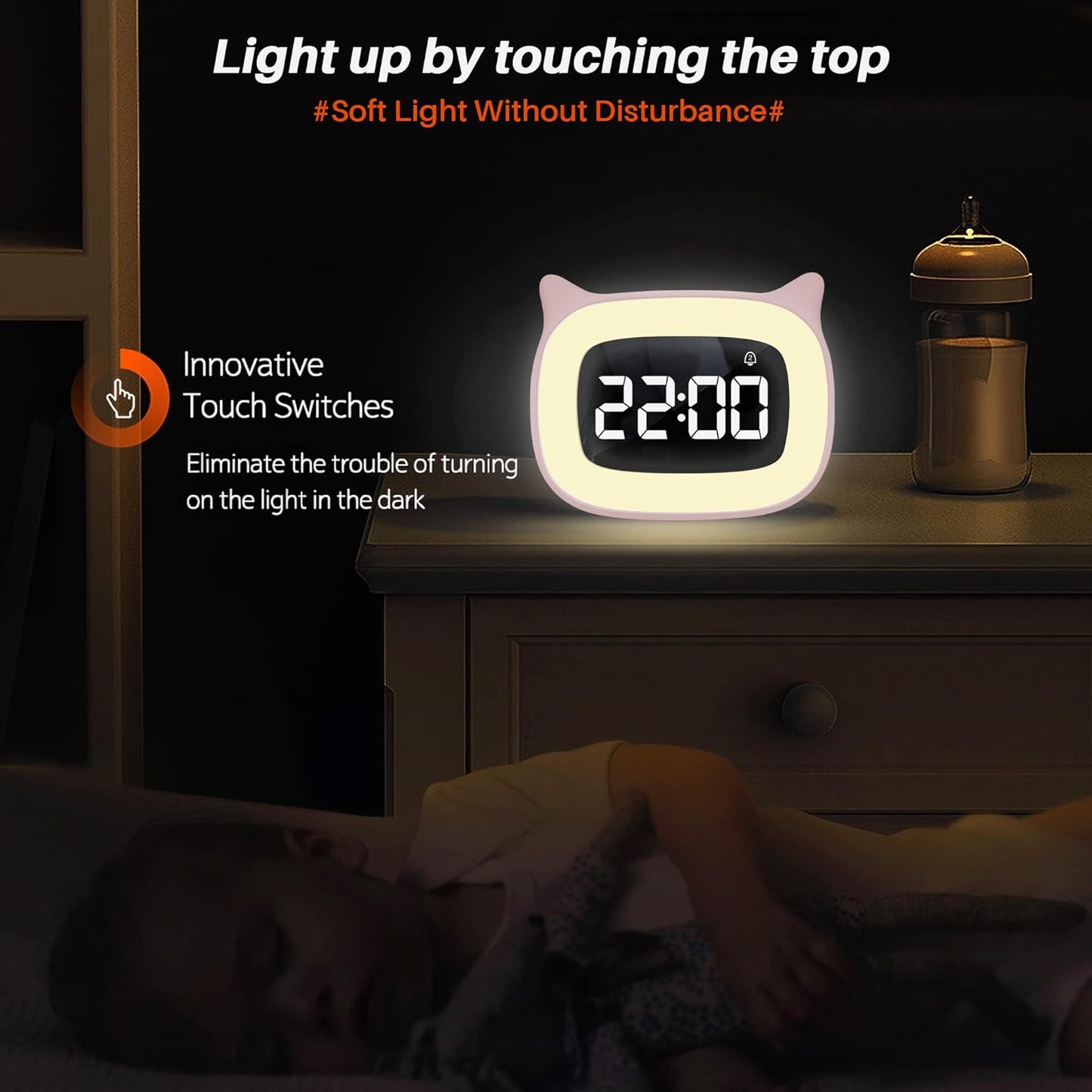Kids Alarm Clock with Night Light & 18 Ringtones,Rechargeable,Cute Cat Ear Clock for Boys Girls Birthday Presents,Digital Clock for Children's Bedroom(Pink)