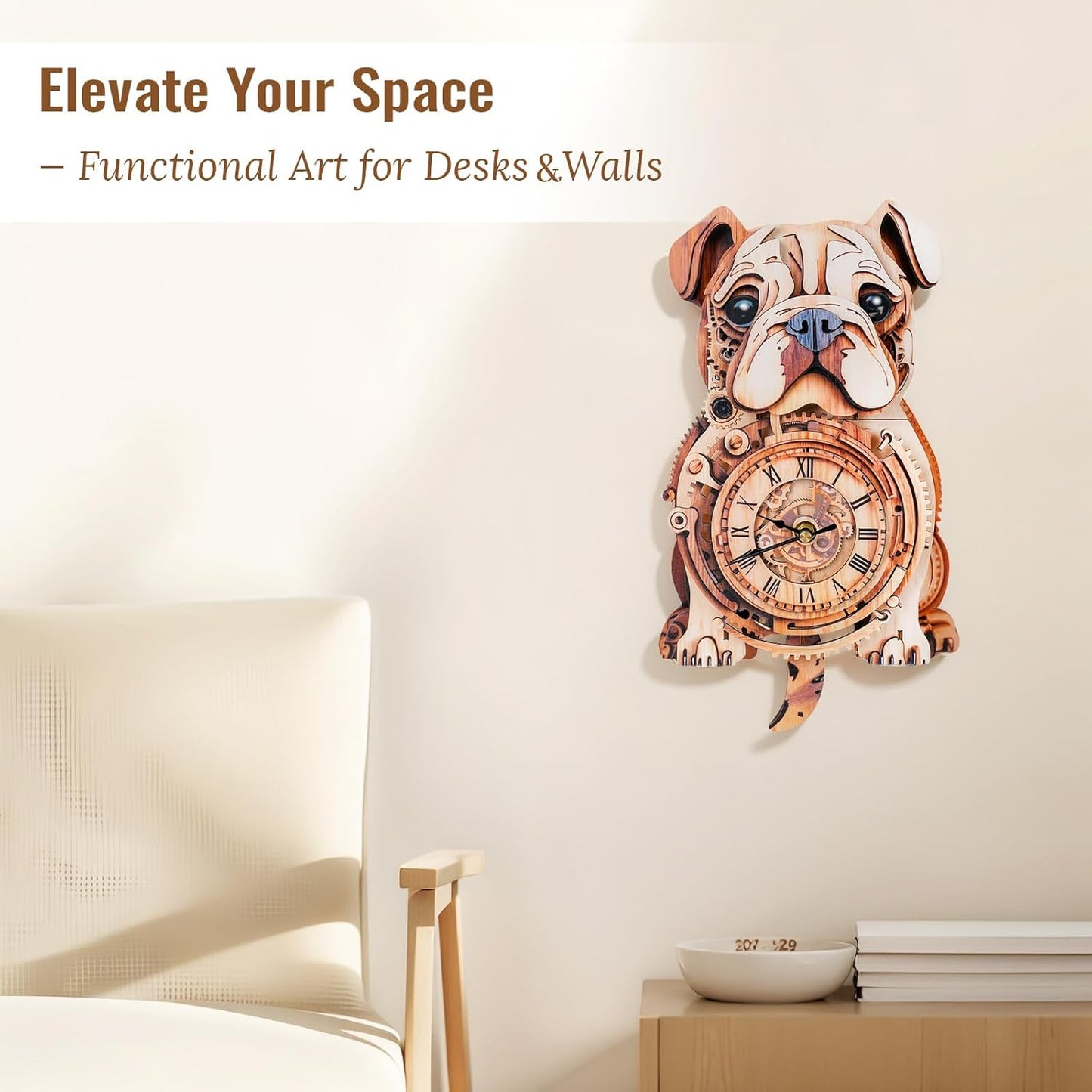 3D Puzzle for Adults Bulldog Clock - Mechanical DIY Wall Clock Kit Model Building Set Hobbies for Women Men Puzzle Home Decor & Stress Relief Craft Unique Gift for DIY Lovers