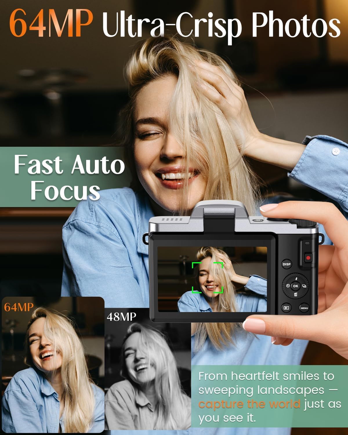 4K Digital Camera for Photography with WiFi,64MP Autofocus Vlogging Camera for YouTube,3'' 180° Flip Screen Compact Travel Camera for Teens with 32GB SD Card,16X Zoom,Anti-Shake,2 Batteries(Charcoal)