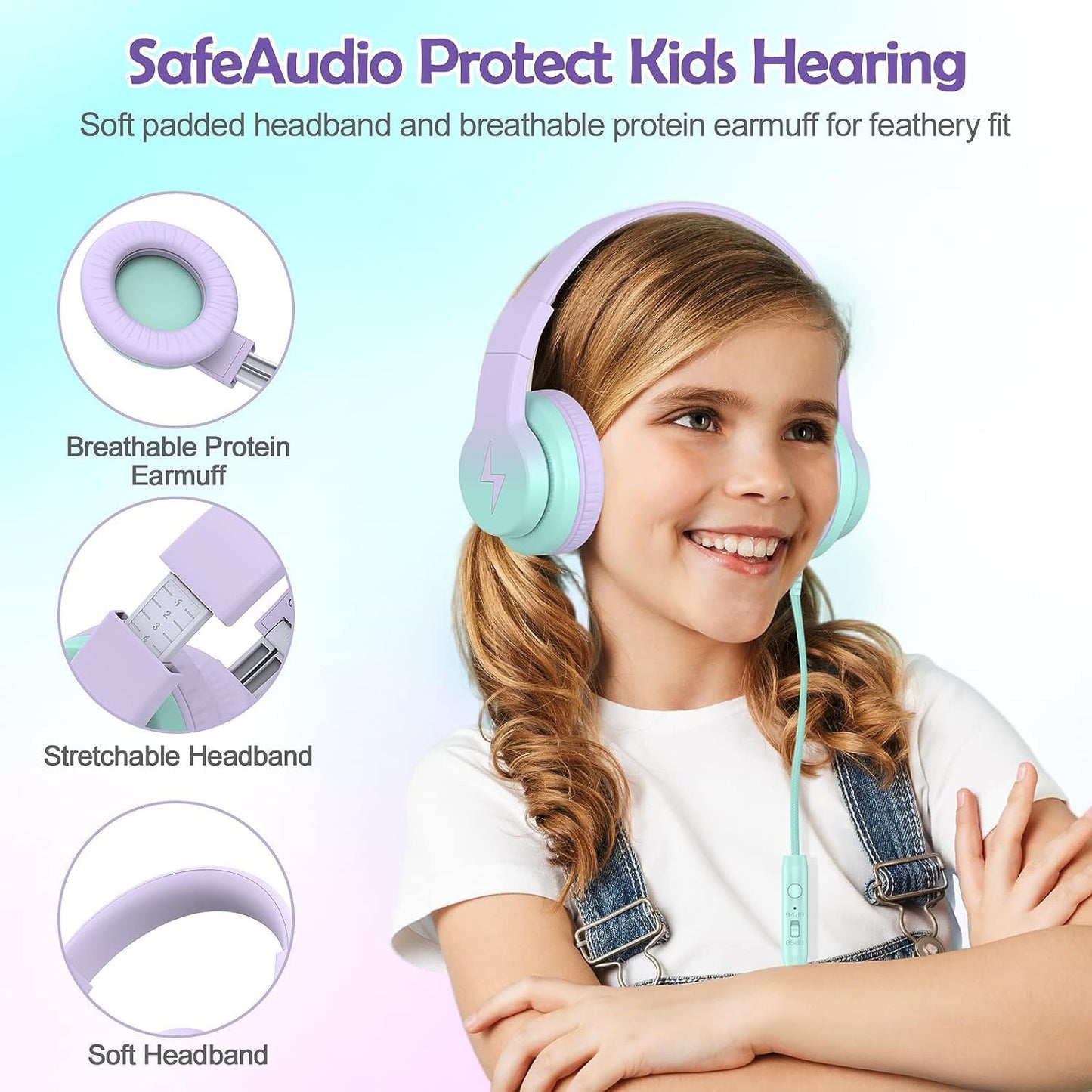Kids Headphones, Wired Headphones for Kids Over Ear with Microphone, 85/94dB Volume Limiter Headphone for Girls Boys, Foldable Headphone for Learning & Entertainment,Gradient Purple