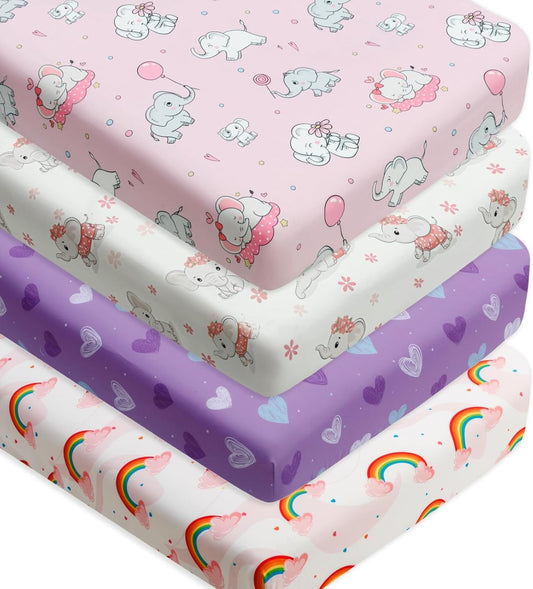 4 Pack Baby Girl Crib Sheets Set Soft Fitted Floral or Elephant Theme Baby Girl Mattress Covers Breathable Toddler Bed Sheets for Infant or Newborn Girls (Elephant, Crib Sheets)