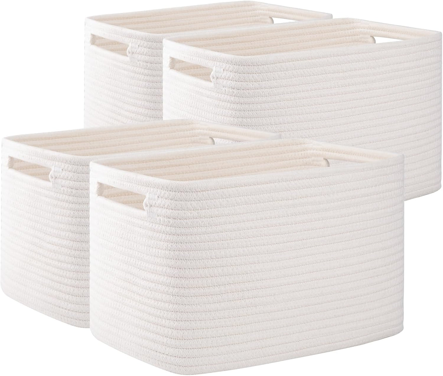 OIAHOMY 4 Pack Storage Baskets for Organizing, Cube Storage Bins for Shelves, Rectangle Storage Baskets With Handles, Woven Baskets for Storage, 12.7''Lx9''Wx7.8''H, White