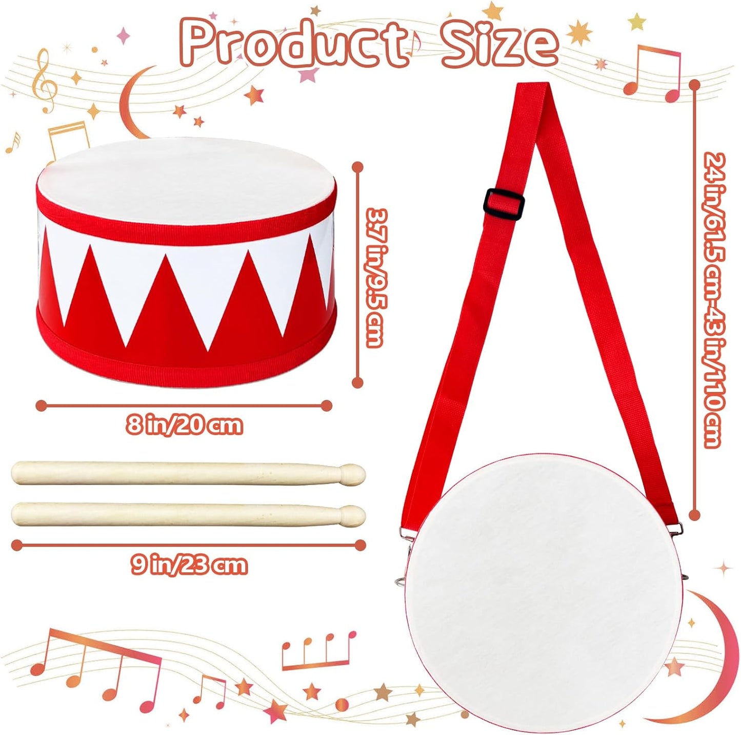 Kids Drum Set,8 in Wooden Toy Drum Set,Educational Baby Musical Toys Drum with Adjustable Strap 2 Drumsticks,Sensory Musical Instrument Drum Toy for Toddler Boys & Girls Gift(Red)