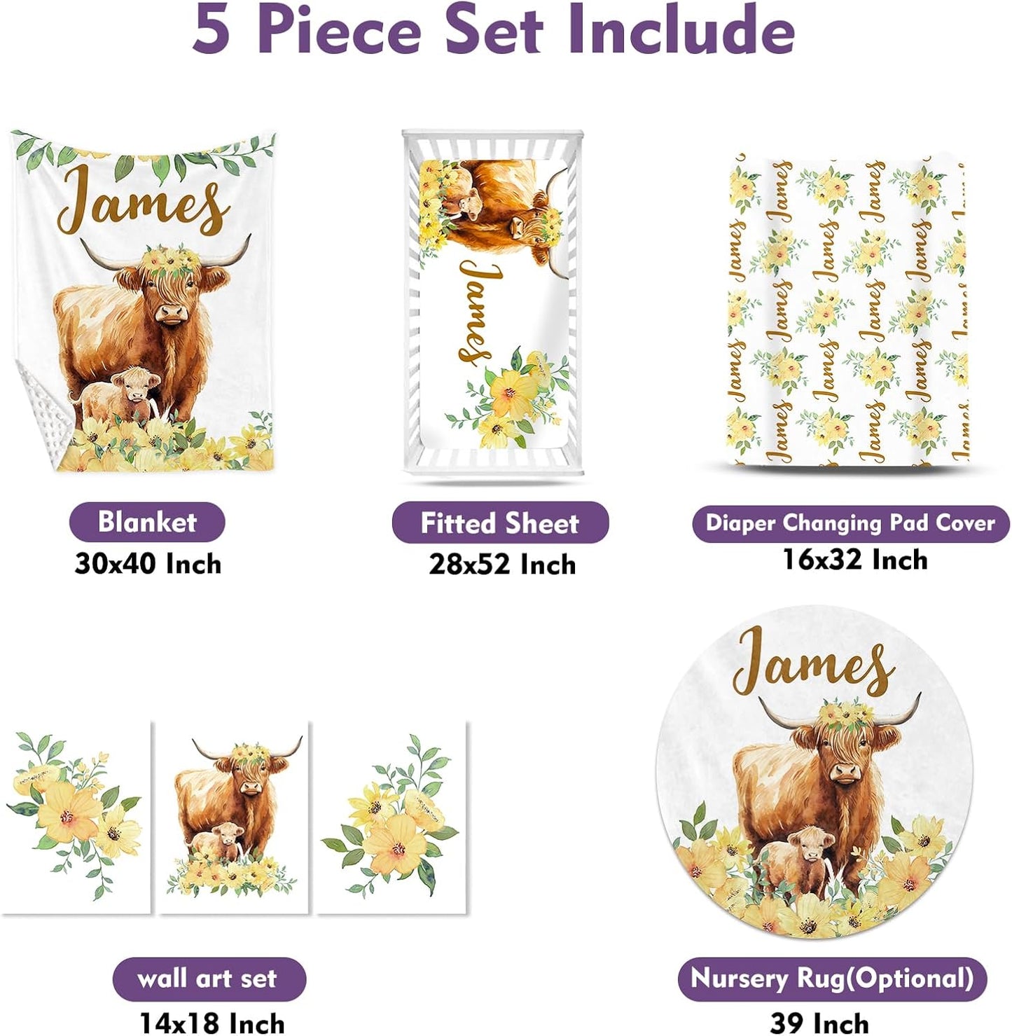 Personalized Baby Crib Bedding Set, 5-Piece Highland Cow Design Baby Crib Sets with Custom Name, Toddler Double Layer Blanket Fitted Sheets Changing Pad Cover Rug Wall Art Set, Charming Nursery Decor