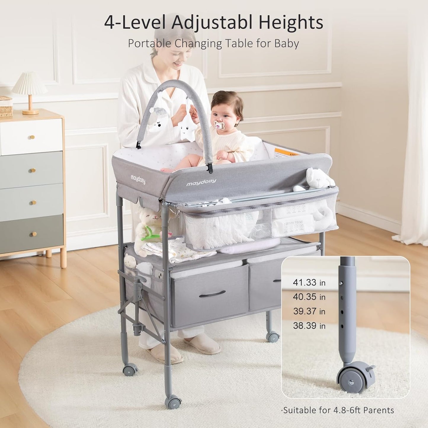 Maydolly Baby Changing Table, Portable Folding Changing Table with Wheels, Waterproof and Adjustable Height, Premium Diaper Changing Station with Two Drawers, Mobile Nursery for Newborn (Grey)