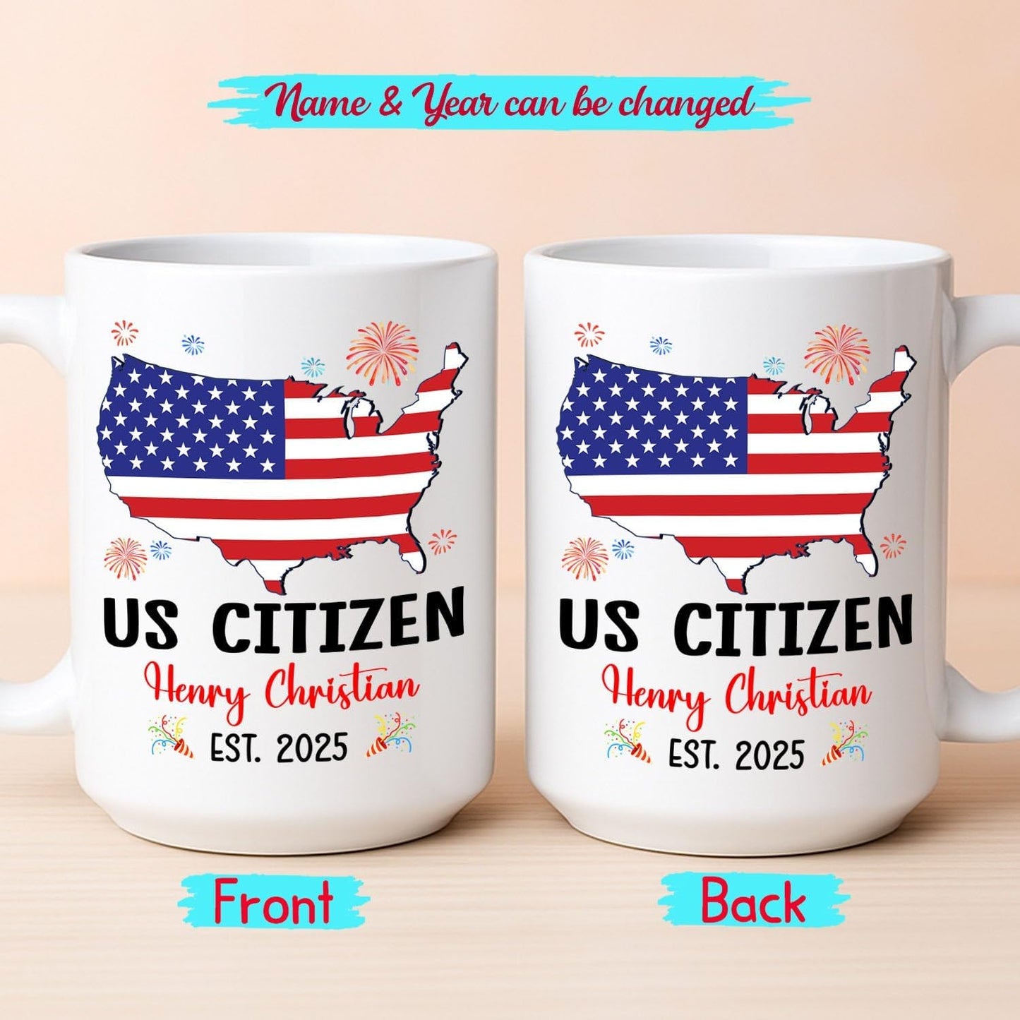 Customized US Citizen Coffee Mug Gift For Citizenship Celebration, Unique US Citizenship White Coffee Cup 11 15Oz, Personalized Year Name New American Citizen Mug Gifts For Grandpa Grandma Uncle Aunt
