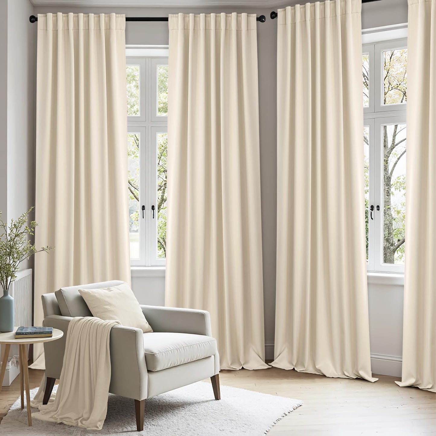 ANRODUO Back Tab Blackout Curtains for Bedroom Living Room, Rod Pocket Pinch Pleated Thermal Insulated Room Darkening Curtains 108 Inches Long 2 Panels, Cream Beige, 52 x 108 Inch