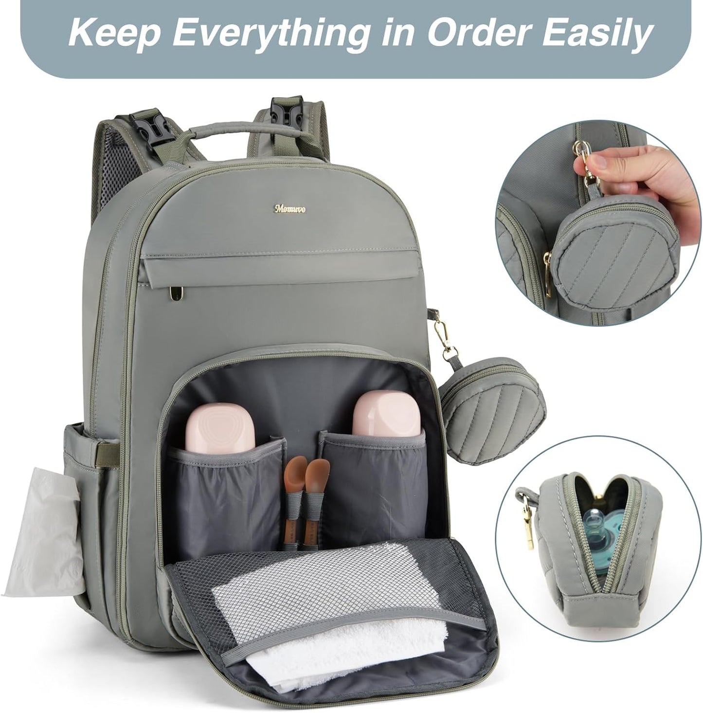 MOMUVO Diaper Bag Backpack, Quilted Baby Bag with Changing Pad & Stroller Straps & Pacifier Case, Multifunction Waterproof Travel Diaper Bags, Unisex, Olive Green