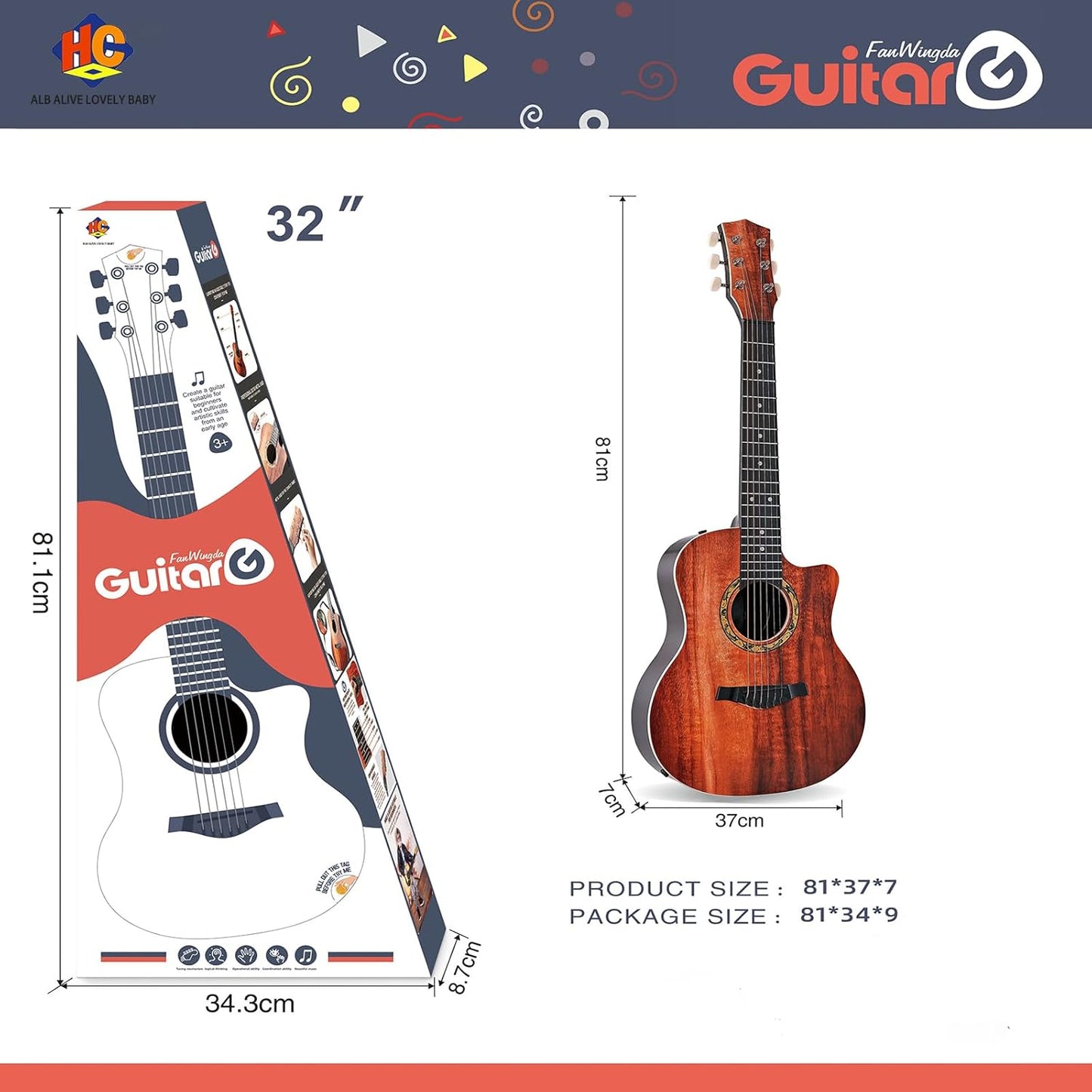 31 Inch Guitar Toy for Kids, 6Strings, Guitar Musical Instrument Toy, Birthday Present for Beginner Children Boys Girls , Beginner Practice First Musical Instrument for Children, Toddlers