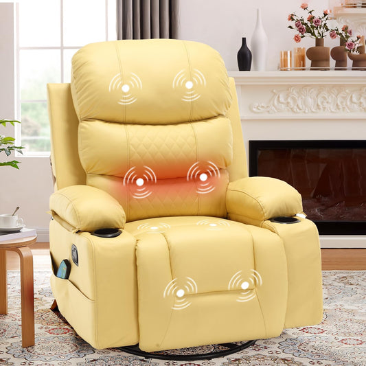 KCQ Massage Swivel Rocker Recliner Chairs with Heat Cup Holders Faux Leather Overstuffed Manual Reclining Chair Rocking Glider Chair for Adults, Yellow