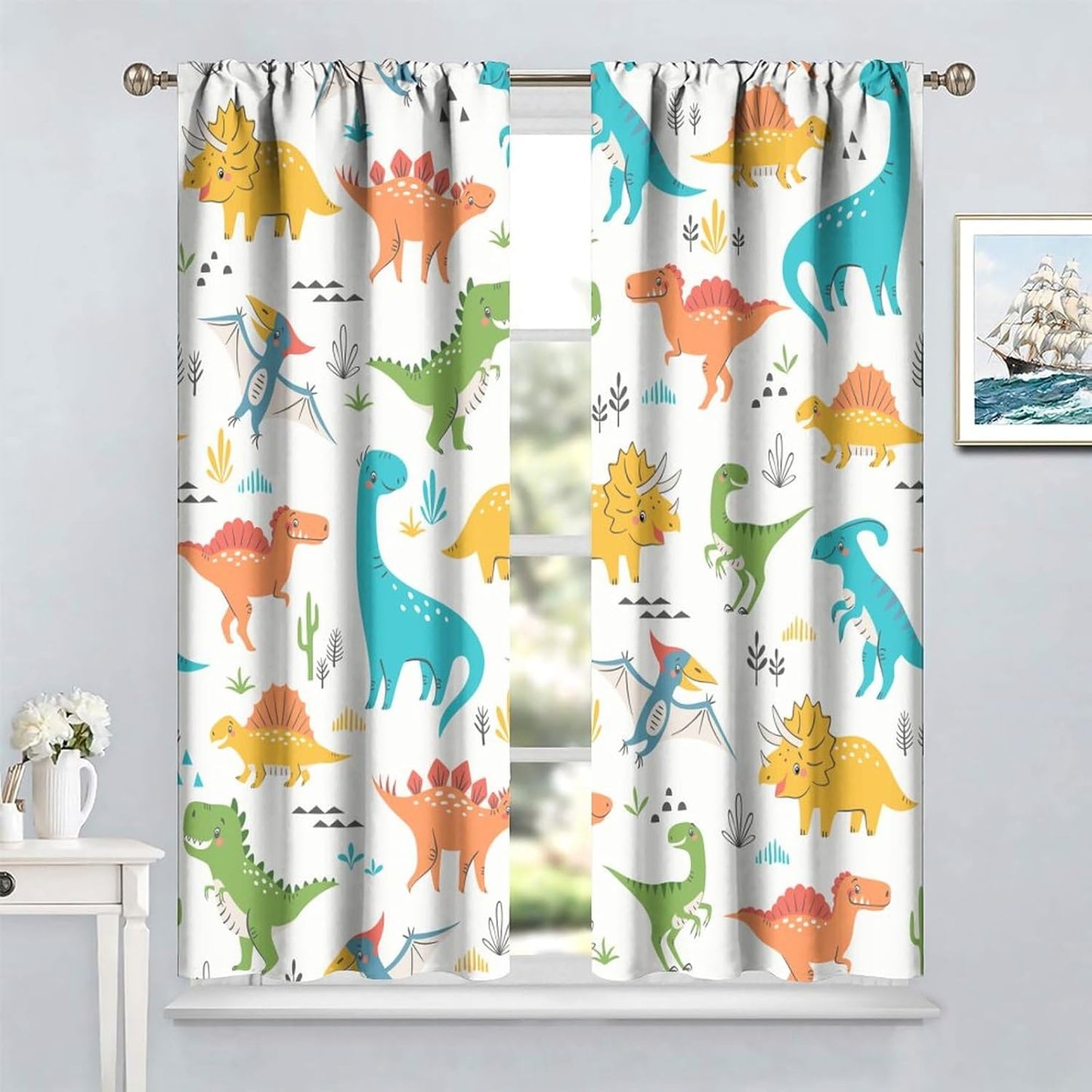 Kids Dinosaur Curtains for Boys Girls Bedroom Decor Cartoon Dino Colorful Cute Funny Animal Wildlife Printed Blackout Rod Pocket Window Drapes for Baby Nursery Playroom Living Room W21xL45in Decor