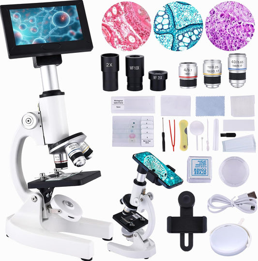 Microscope 40X-2500X Magnification with 4.3-inch Display, Wide-Angle 10X and 25X eyepieces, and Built-in 5-megapixel Camera for School Labs, Animal Husbandry (White)