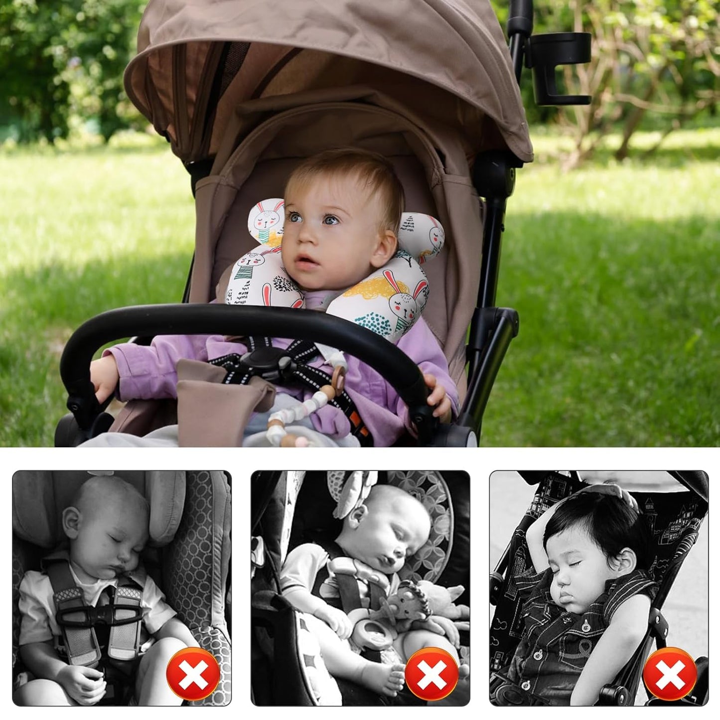 vocheer Baby Travel Pillow(Upgraded), Head and Neck Support Pillow for Pushchair, Car Seat,Stroller, Bouncer, Cotton(Rabbit)