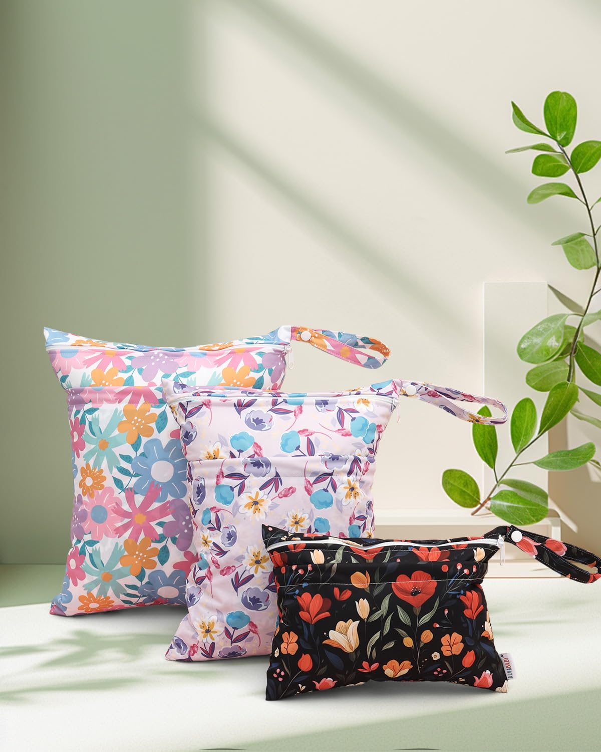 ALVABABY 3 Cloth Diaper Wet Dry Bags Waterproof Reusable with Two Zippered Pockets Travel Beach Pool Daycare Soiled Baby Items Yoga Gym Bag for Swimsuits or Wet Clothes Small medium Large 3L-SML07