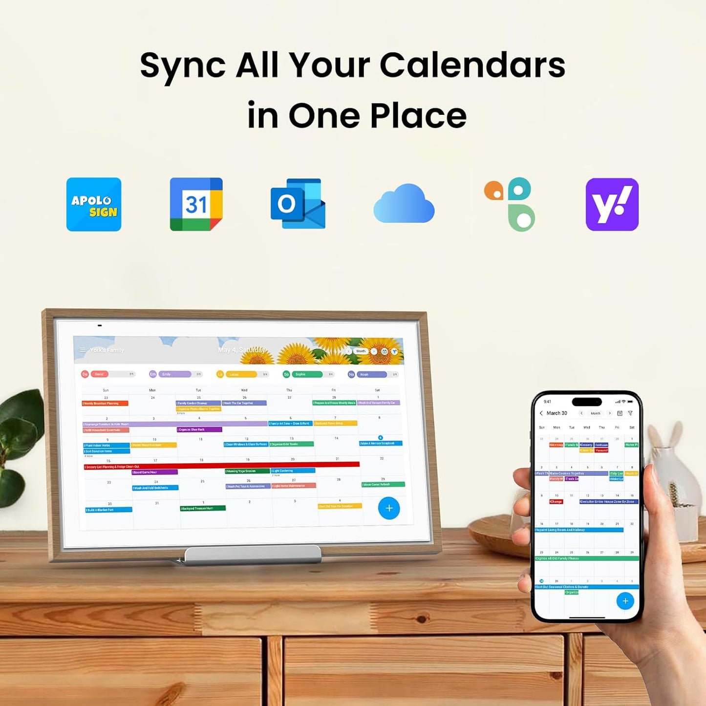 ApoloSign 15.6-inch Digital Calendar: Dual Mode Calendar with Google Play & Multi-calendar Sync, Electronic Planner & Chore Chart, Smart Touchscreen, Interactive Display for Family Schedules (Teak, 15.6")