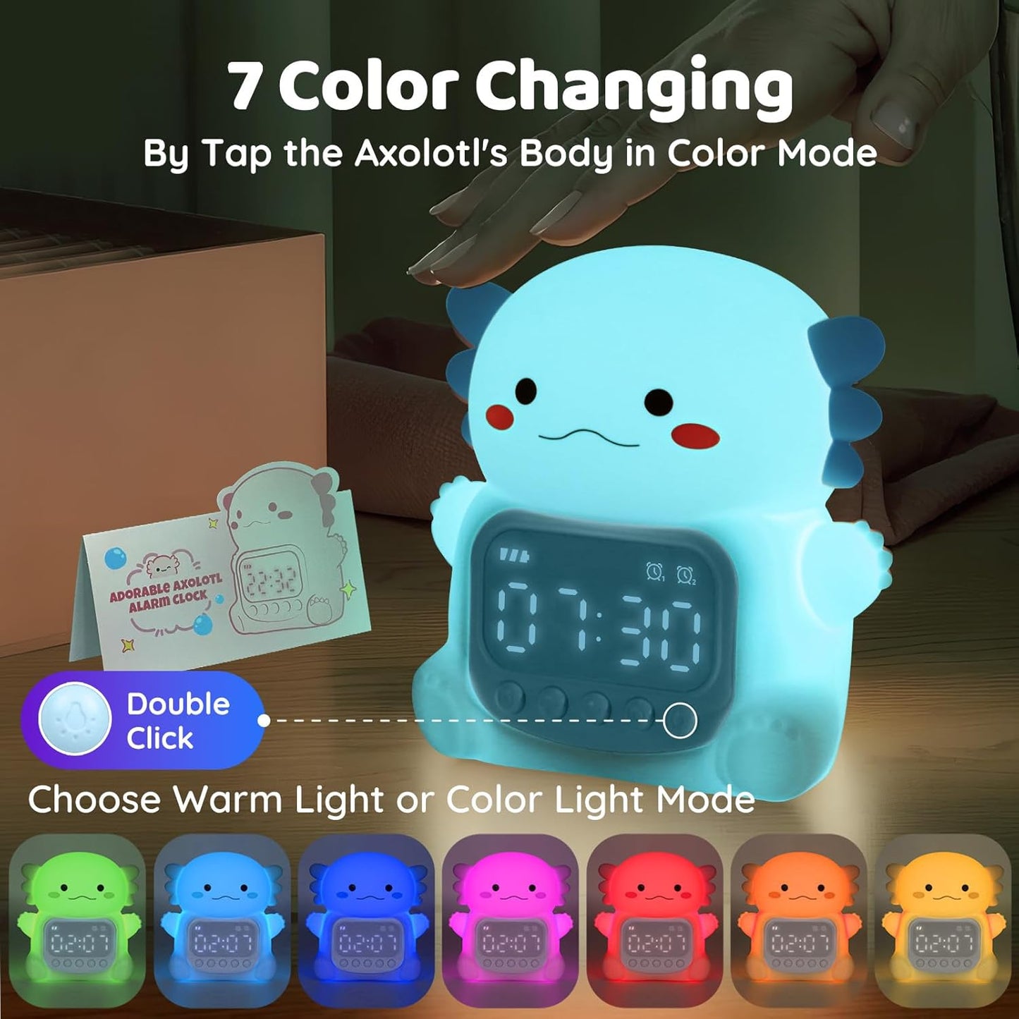 Axolotl Alarm Clock with Night Light for Kids, Rechargeable Silicone Lamp Time to Wake Clock Cute Animal Tabletop Lamp, Perfect Sleep Companion for Boys Girls, Blue