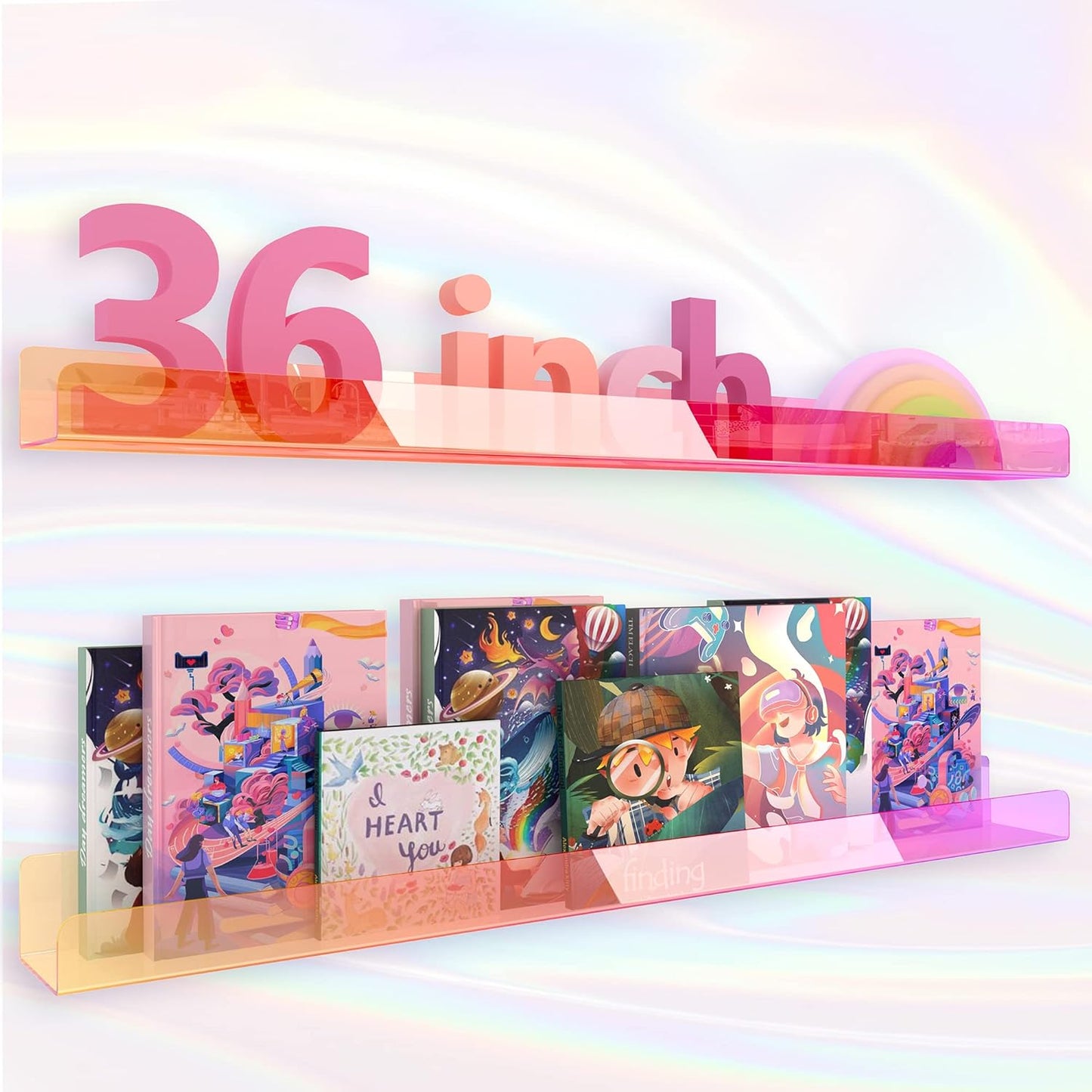 36 inches Iridescent Acrylic Floating Shelf,Wall Mounted Kids Bookshelf, Display Book Shelves for Kids Nursery Toddler Classroom 2 Packs