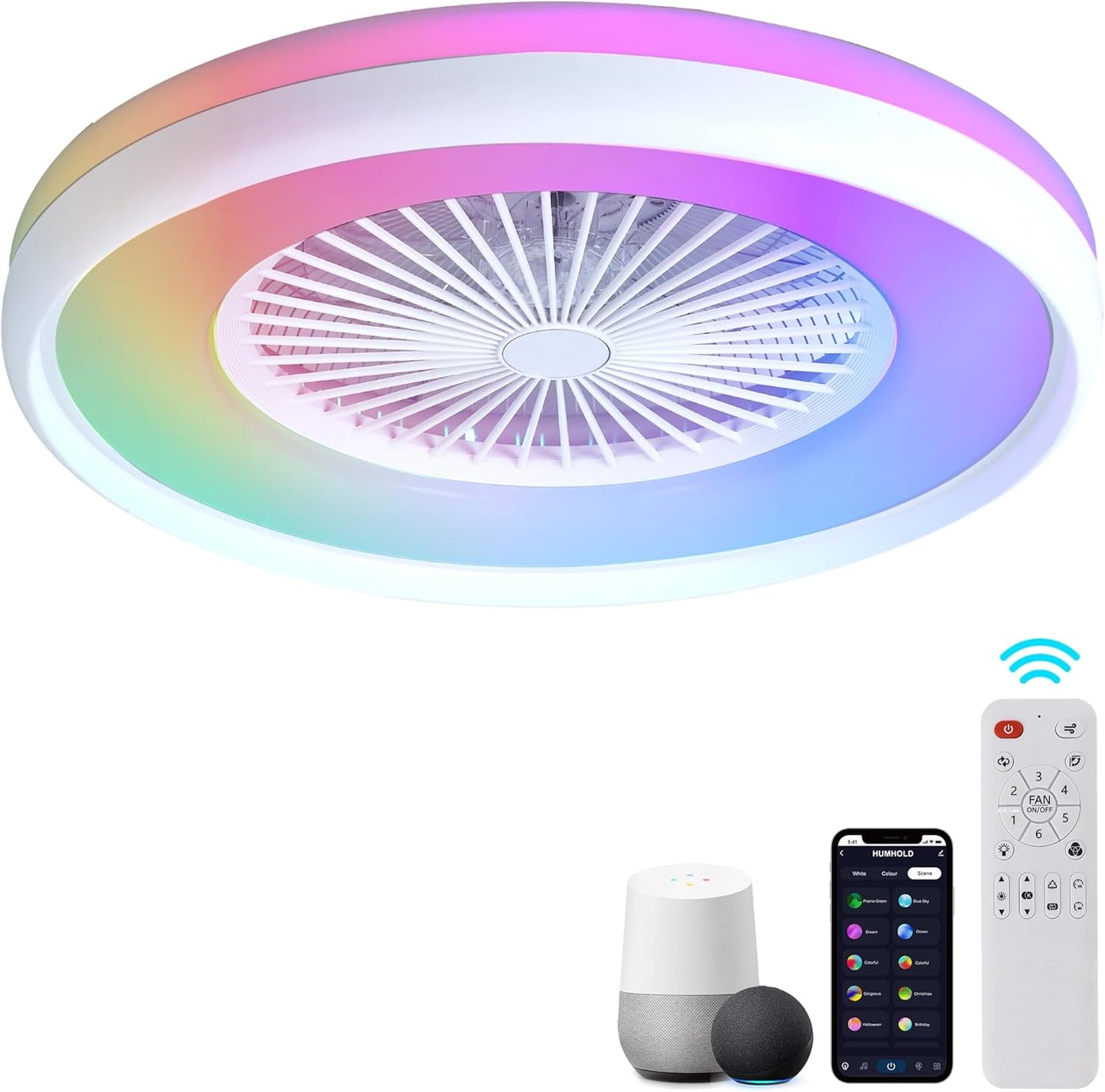 24" Bladeless Ceiling Fan with RGB Light Remote, Smart LED Ceiling Fans with Voice/App Control, Modern Low Profile Dimmable Light Ceiling Fan for Bedroom Living Room White