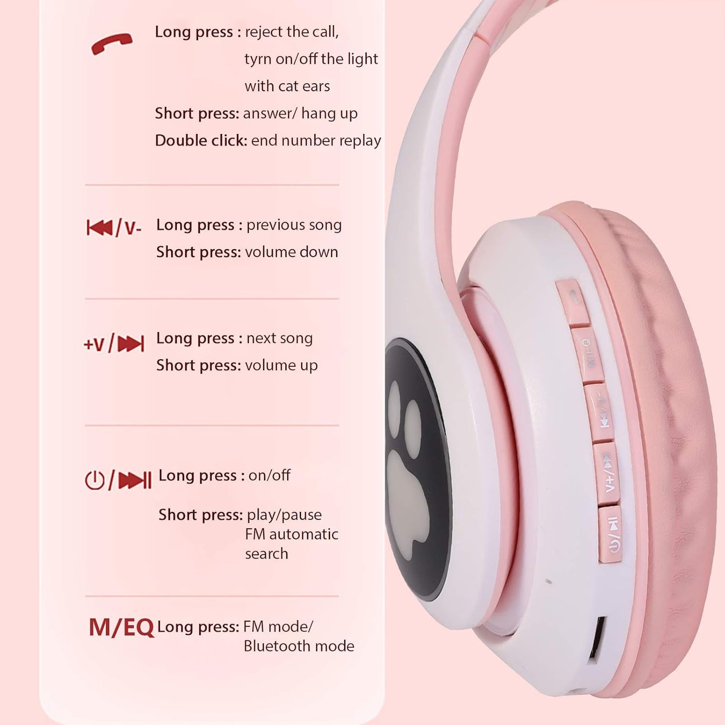 TCJJ Kids Wireless Headphones - Cat Ear LED Light Up, Bluetooth 5.4, Safe Volume Limit, Noise Cancelling with Mic & TF Card for Girls Boys Toddlers School (Pink)