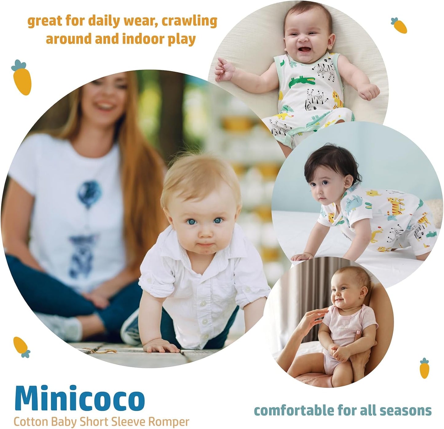 3-Pack 100% Cotton Baby Boy Rompers,0-24Months Short Sleeve Toddler Romper,Breathable Spring/Summer Clothes