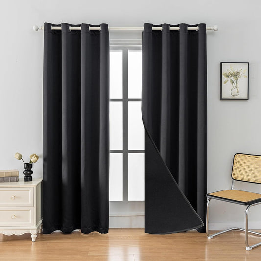 Anytime 100% Blackout Curtain Set, Thermal Insulated & Energy Efficiency Window Draperies for Guest Room, Full Shading Panels for Shift Worker and Light Sleepers（Black, 2 Panels, 52W x 102L）